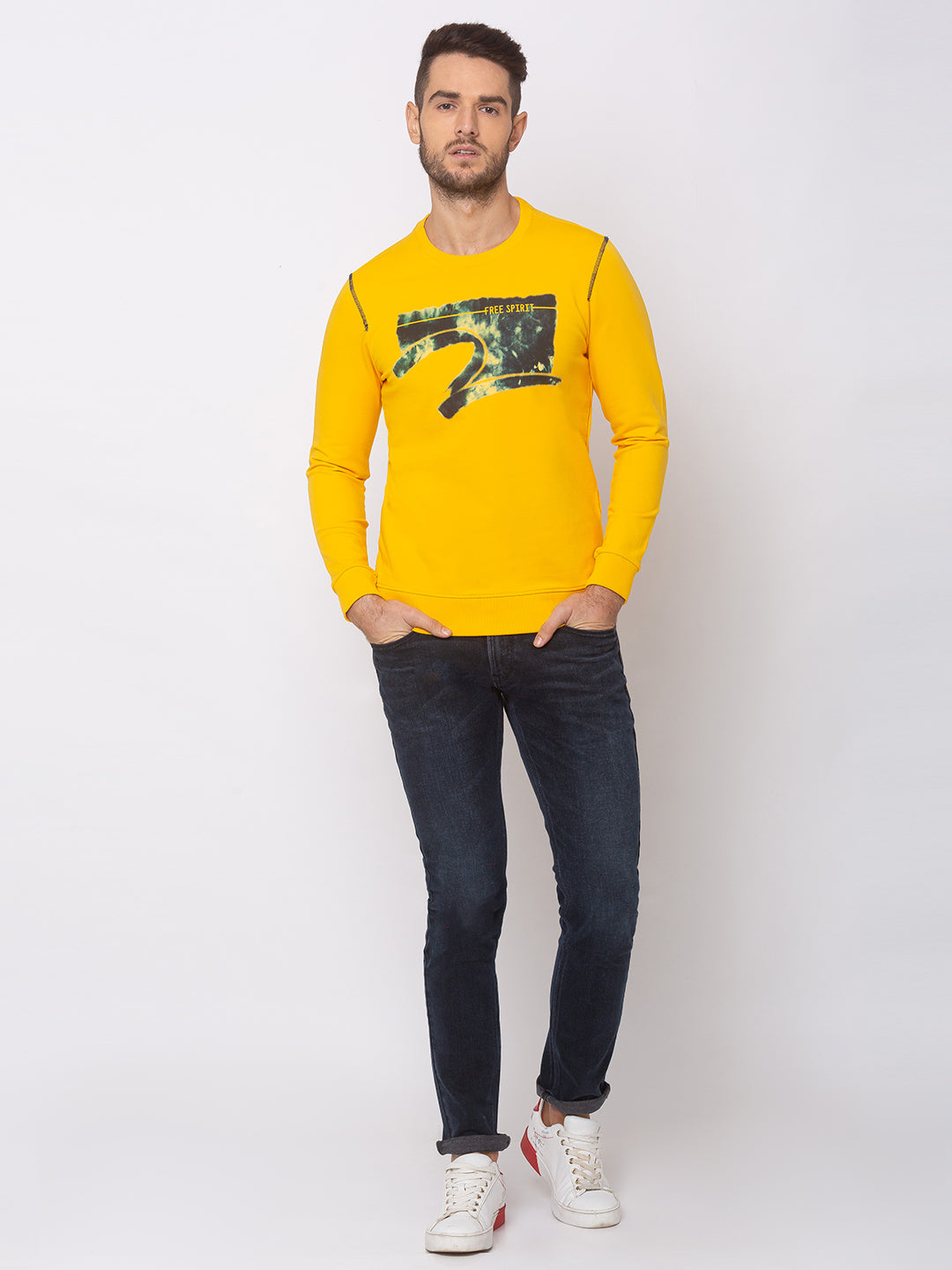 Spykar Chrome Yellow Cotton Slim Fit Sweatshirt For Men