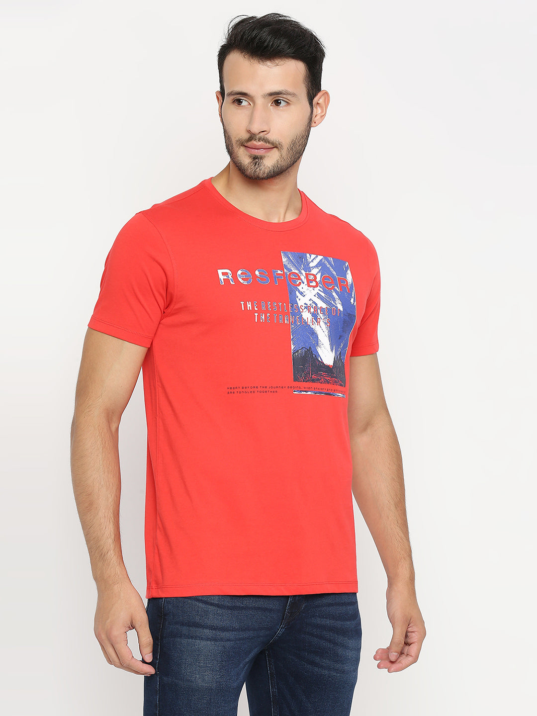 Spykar Coral Cotton Half Sleeve Printed Casual T-Shirt For Men