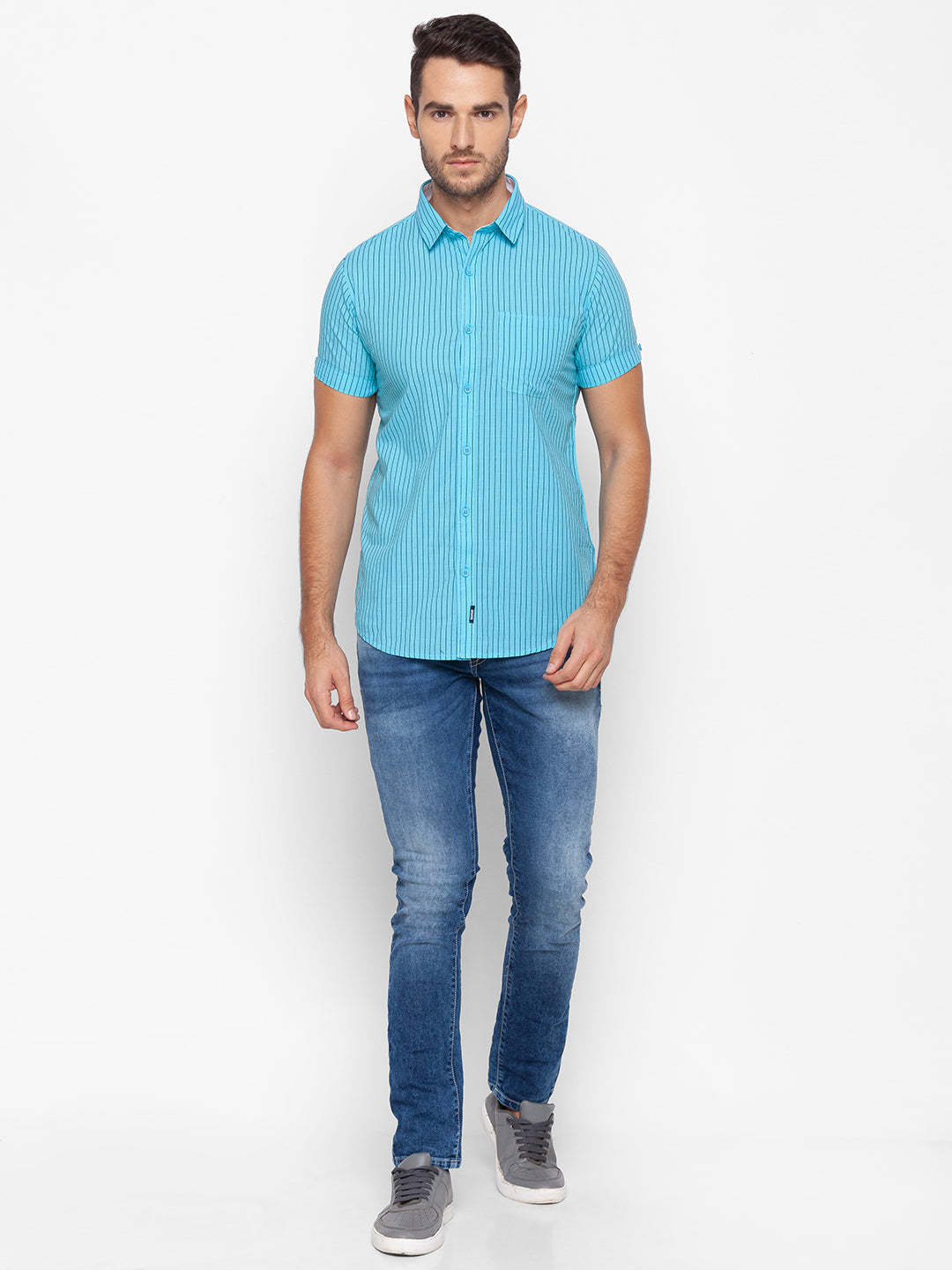 Spykar Slim Fit Blue Cotton Men Shirt