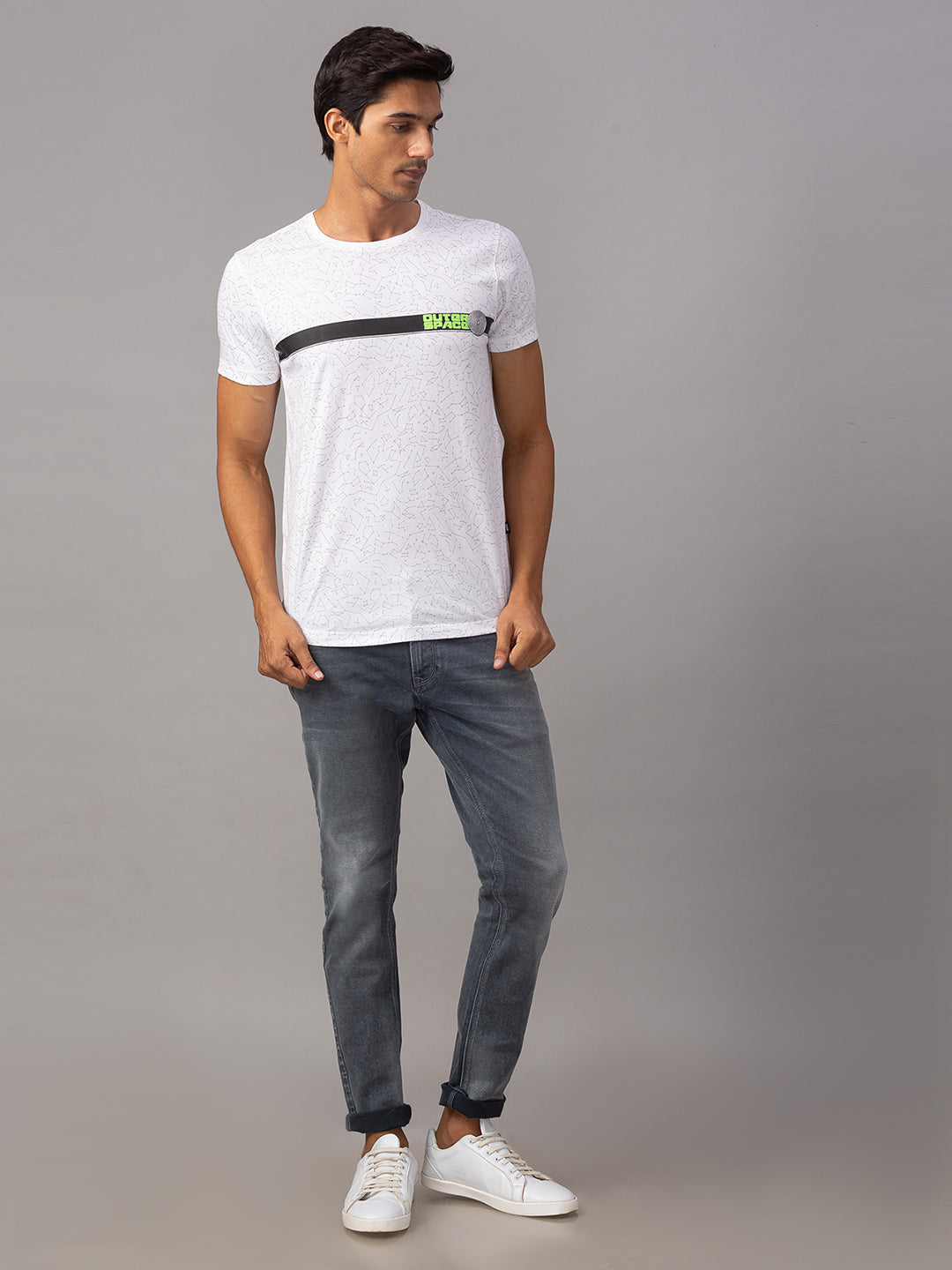 Spykar Men White Cotton Slim Fit Round Neck T-Shirt