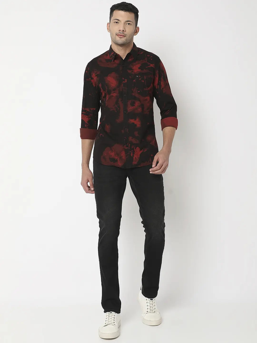 Spykar Men Wine Cotton Slim Fit Printed Shirt