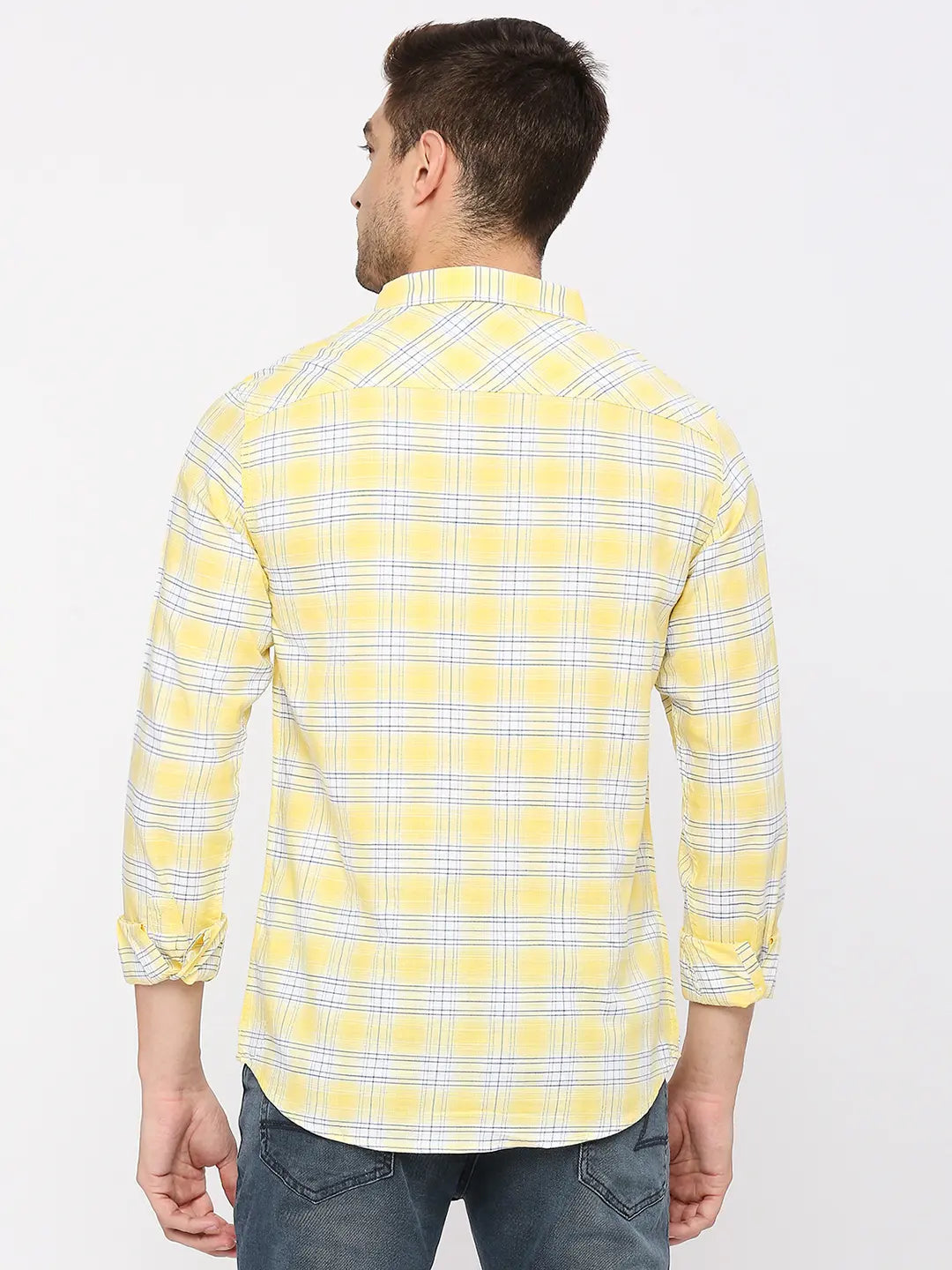 Spykar Men Powder Yellow Slim Fit Cotton Checkered Shirt