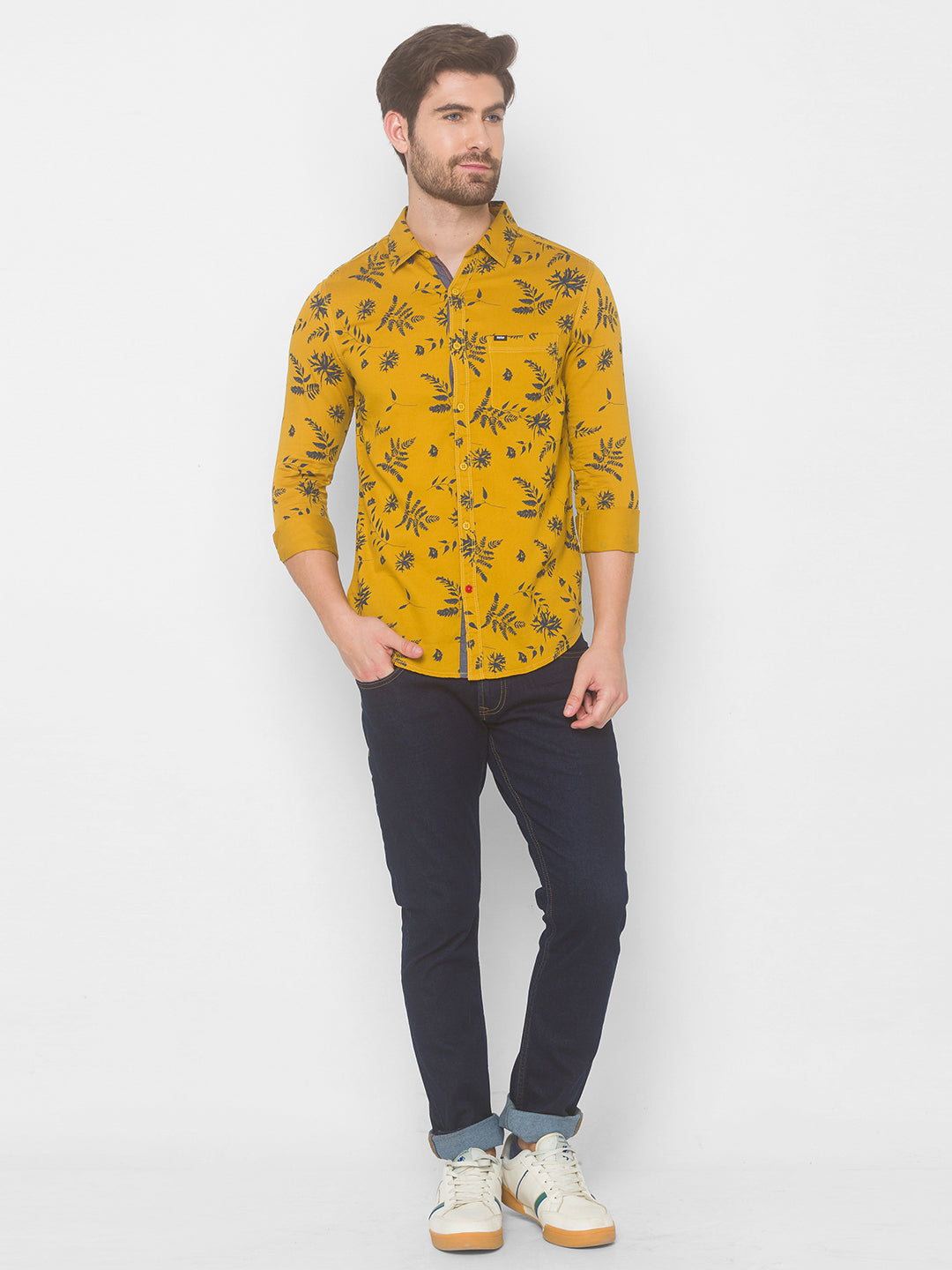 Spykar Men Mustard Yellow Cotton Slim Fit Shirt