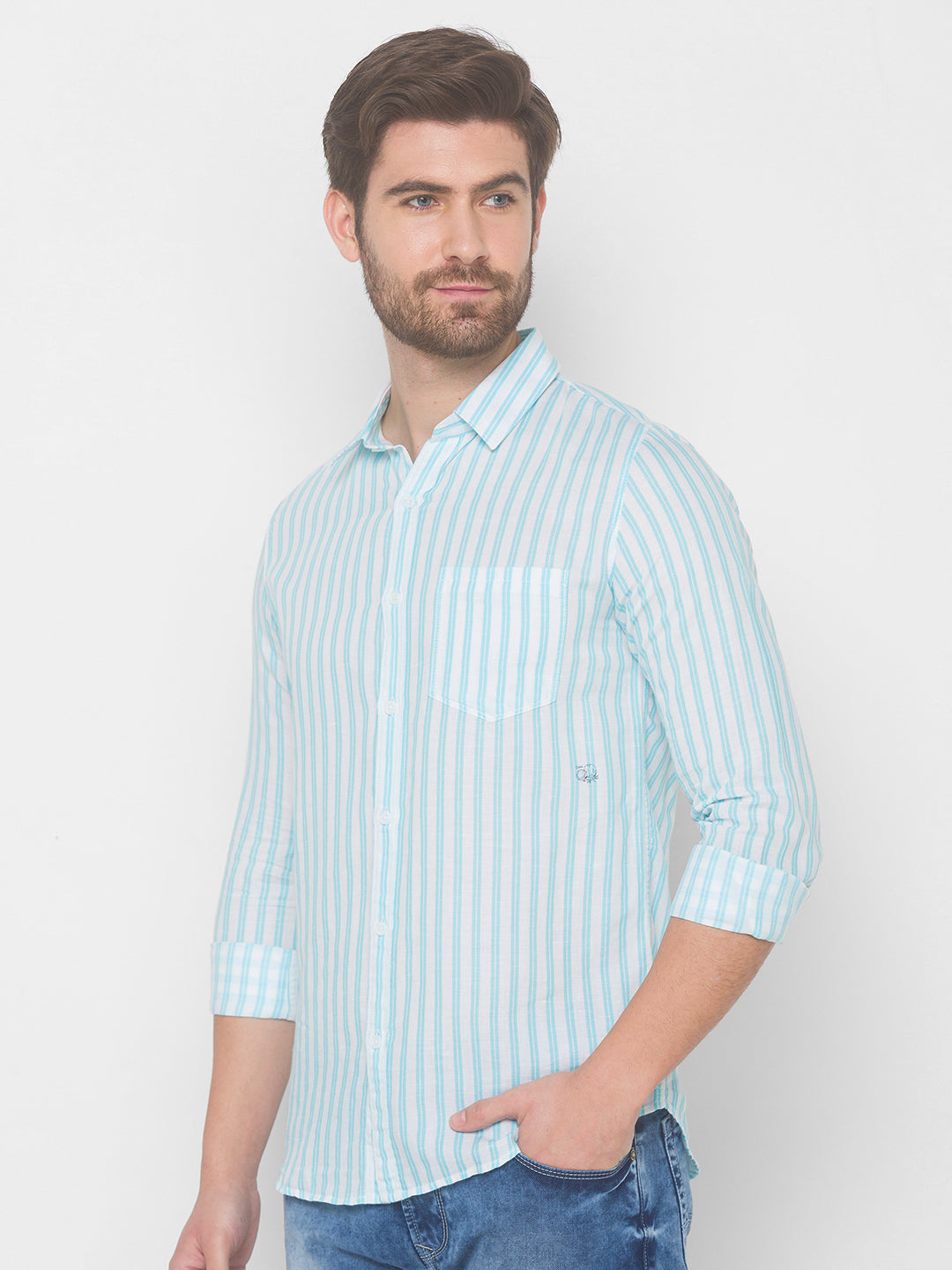 Spykar Men Aqua Blue Cotton Casual Slim Fit Shirt