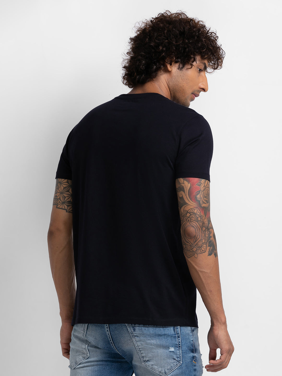 Spykar Navy Blue Cotton Half Sleeve Printed Casual T-Shirt For Men