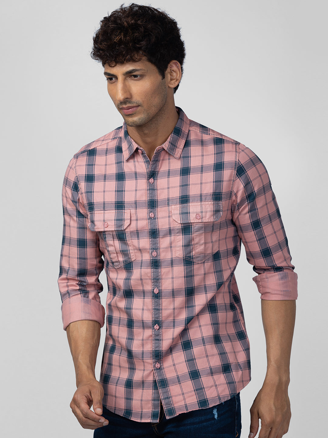 Spykar Men Dusty Pink Cotton Slim Fit Checkered Shirt