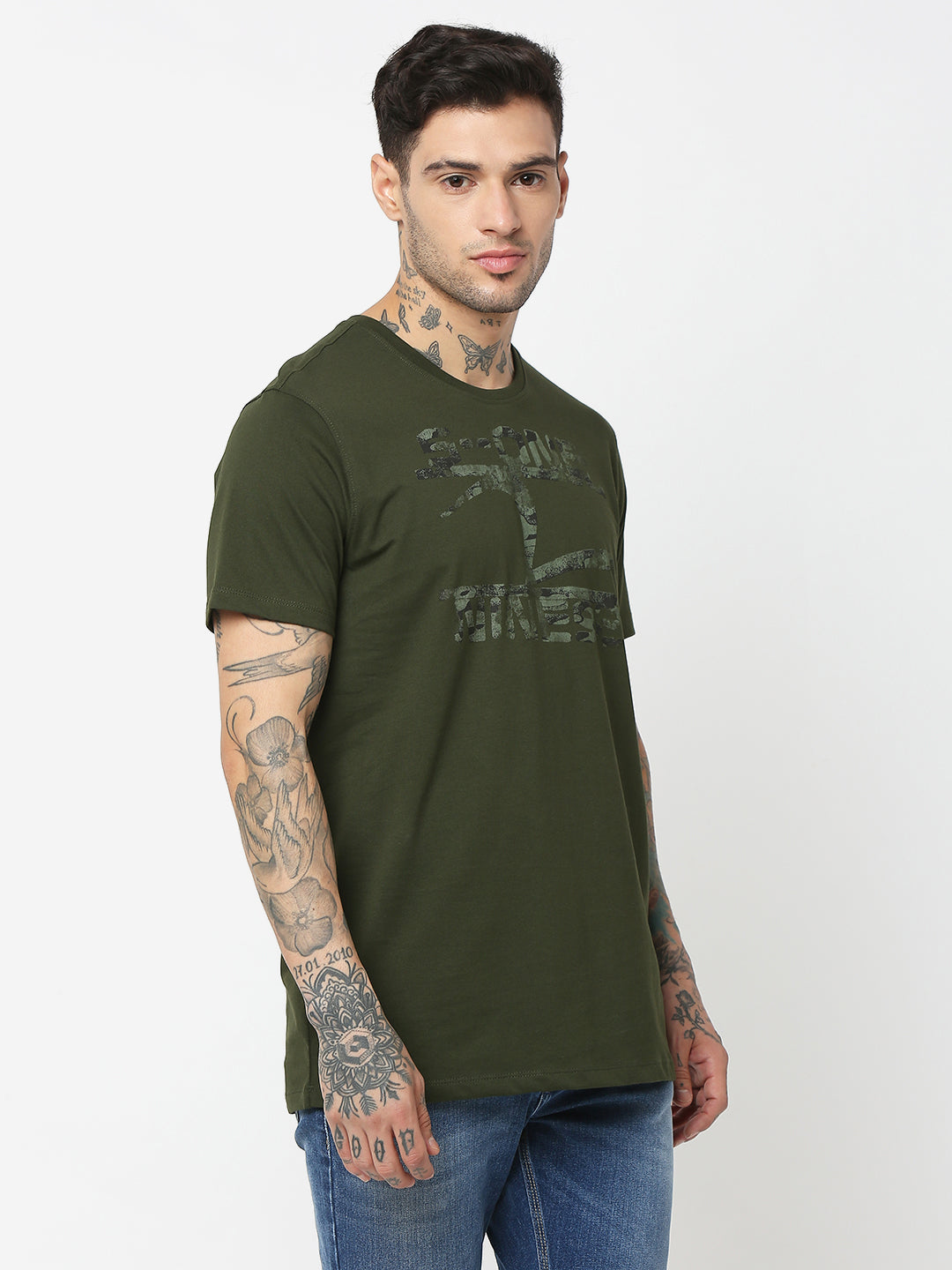 Spykar Men Olive Green Cotton Slim Fit Round Neck Printed T-Shirt