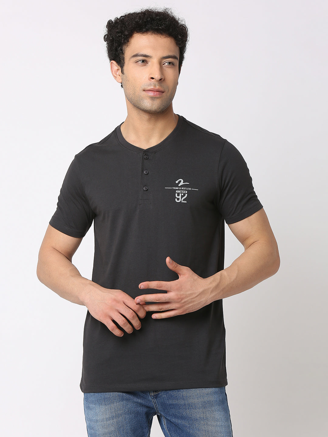 Spykar Men Slate Grey Cotton Slim Fit Henley Neck Plain T-Shirt