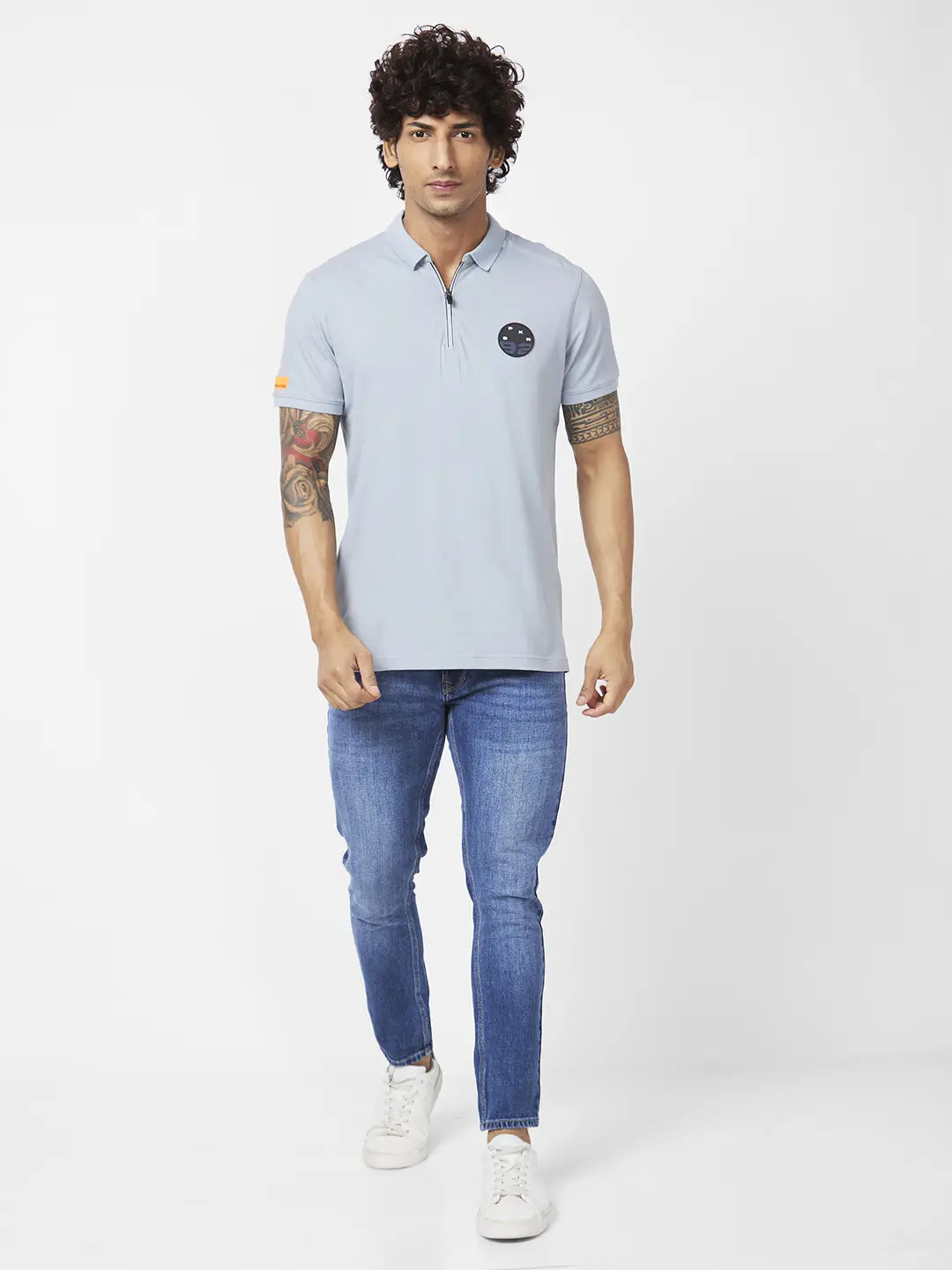 Spykar Men Grey Blended Slim Fit Half Sleeve Polo Neck Plain Tshirt