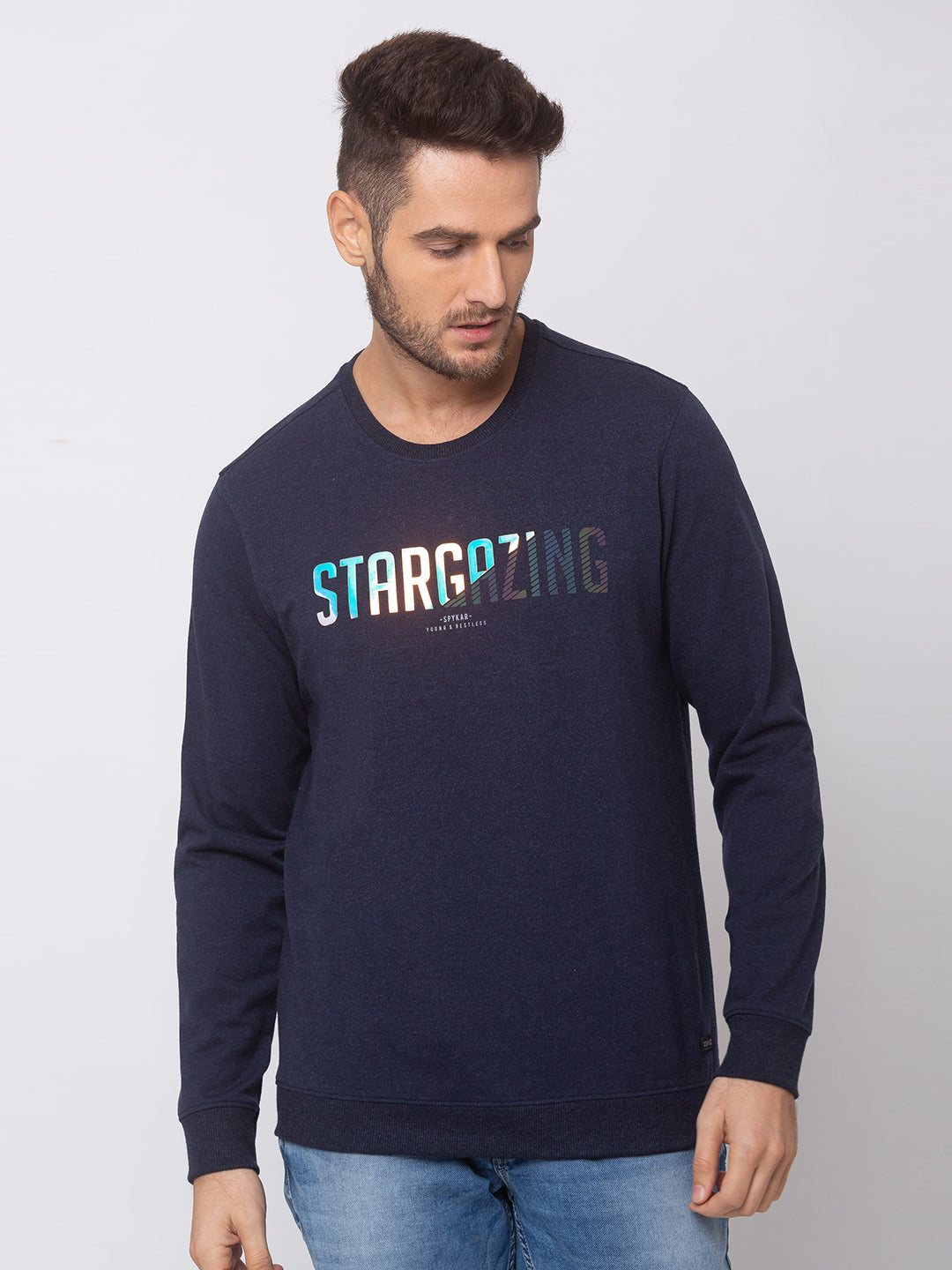 Spykar Navy Blue Blended Slim Fit Sweatshirt For Men