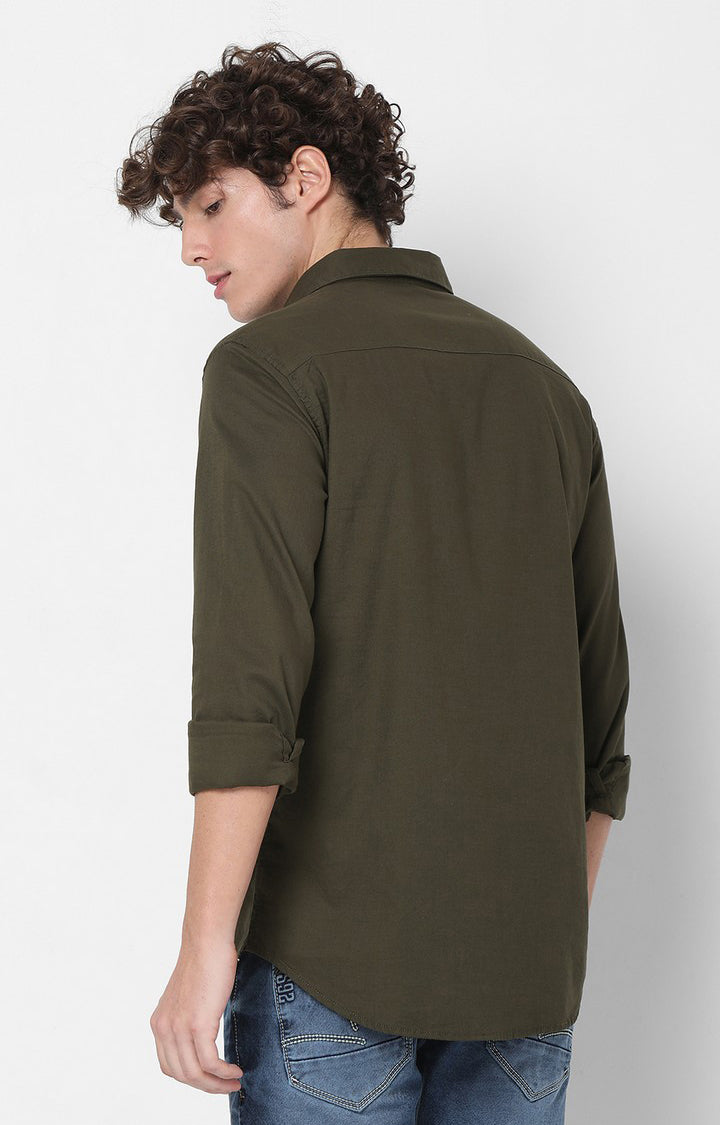 Spykar Green Full Sleeve Plain Shirts For Mens