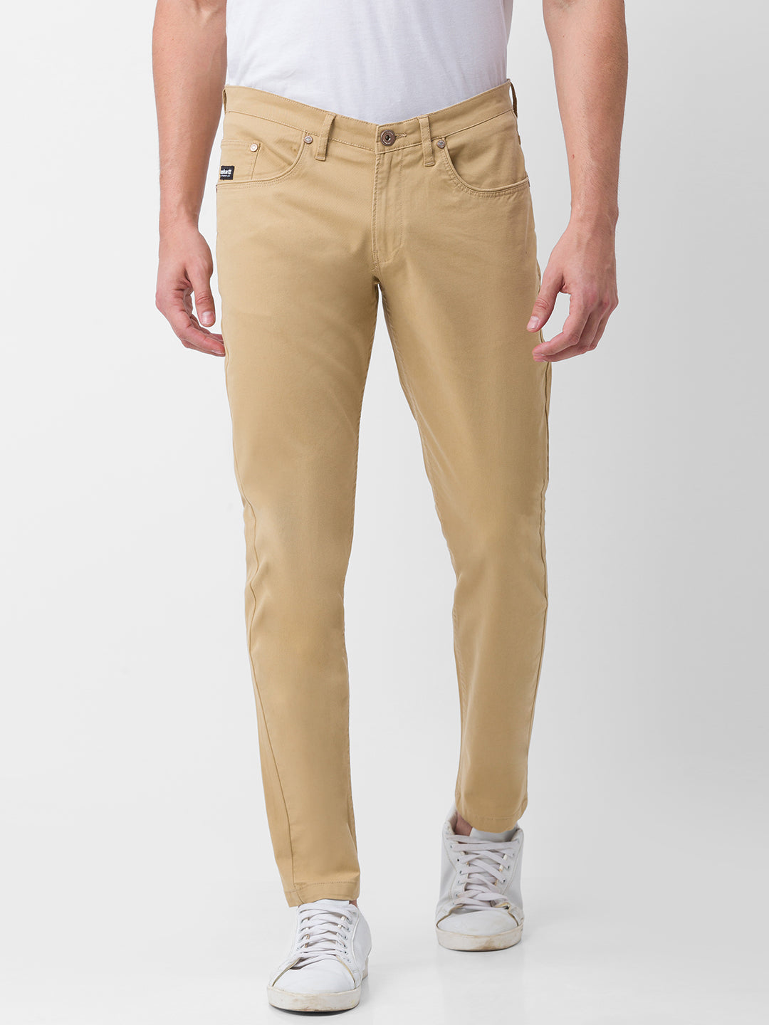 Buy Online|Spykar Men Light Grey Cotton Slim Fit Ankle Length Plain Trousers