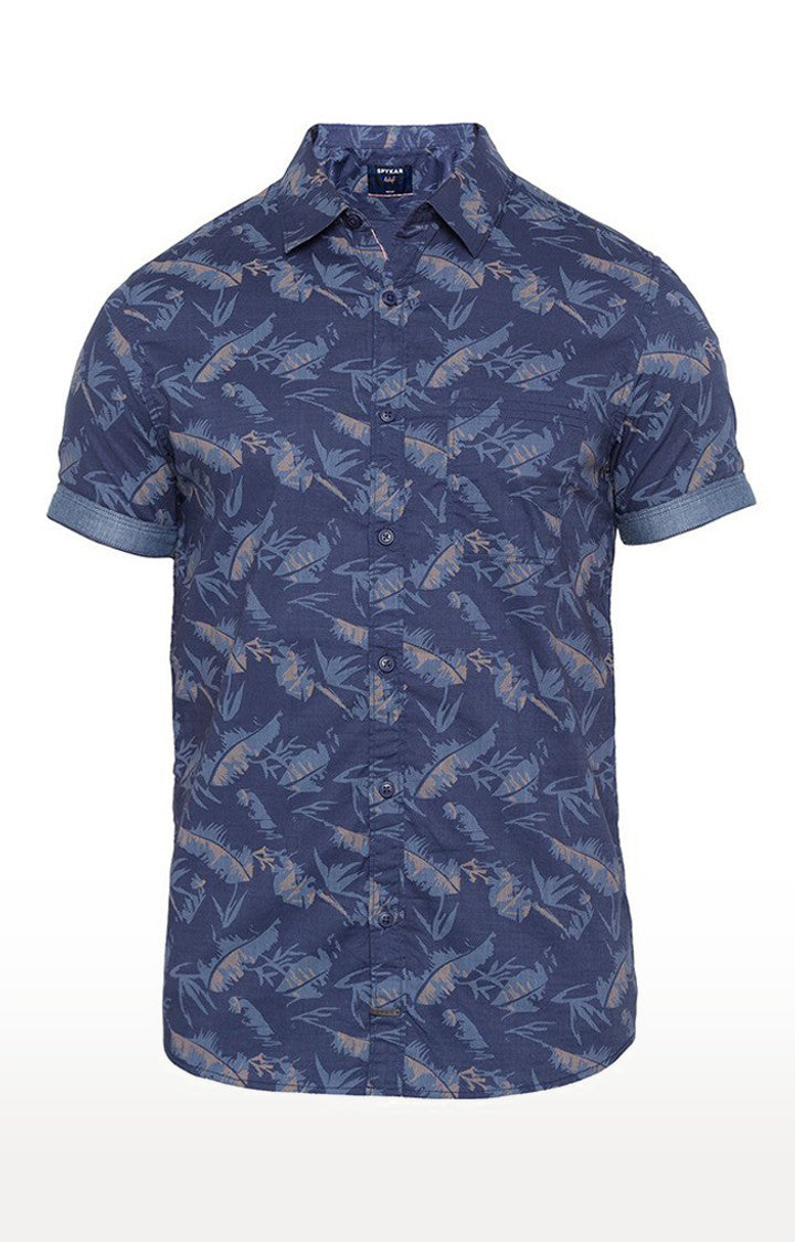 Spykar Men Navy Blue Cotton Slim Fit Floral Print Shirt