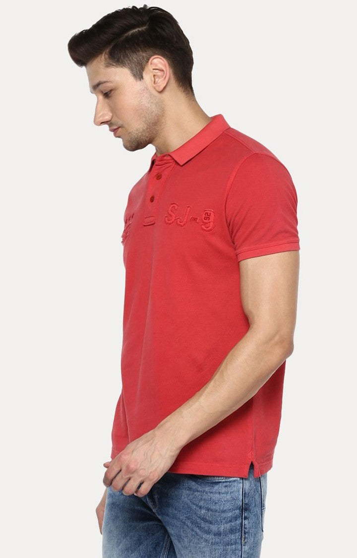 Spykar Red Solid Slim Fit Polo T-Shirt