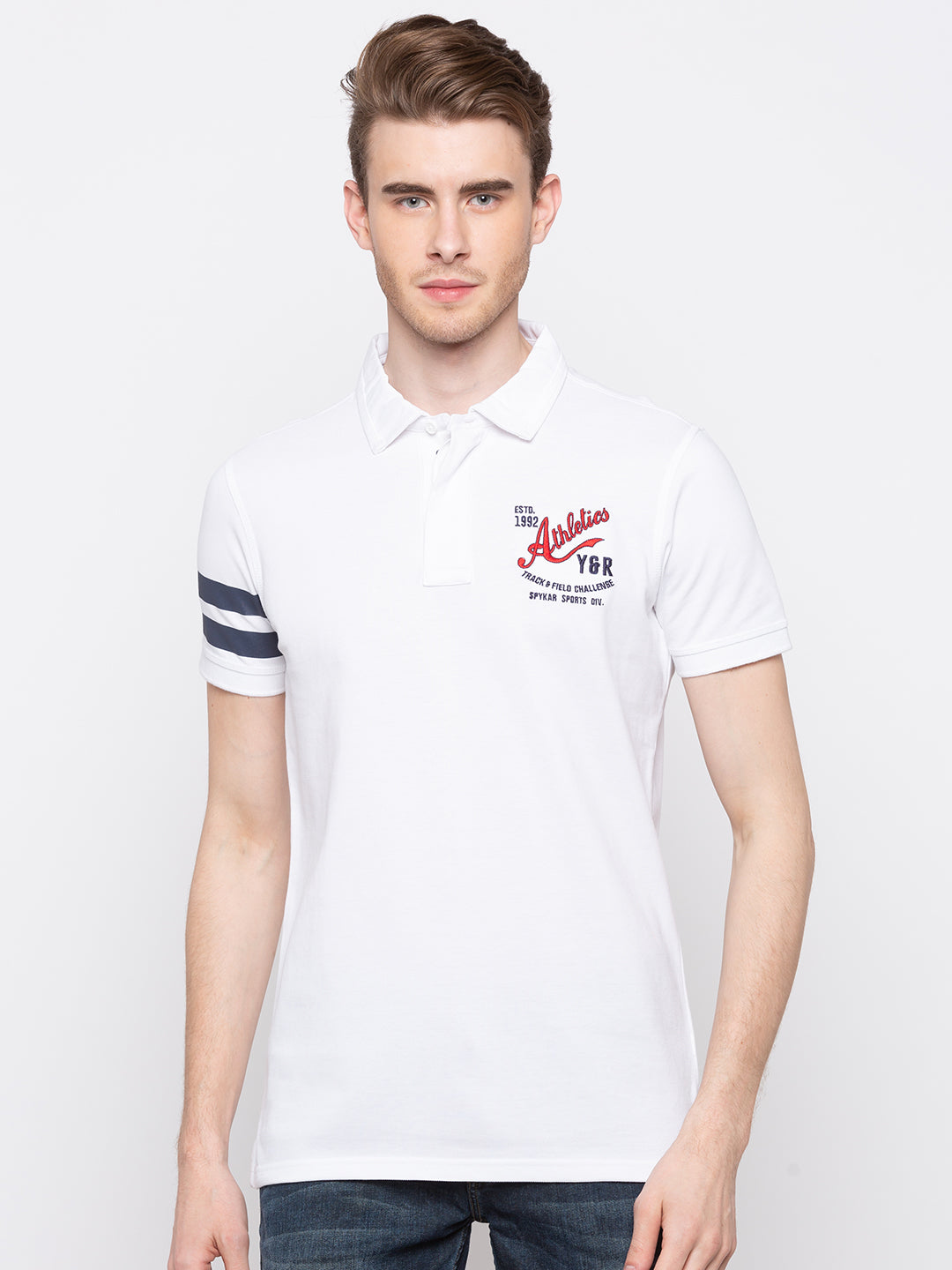 Spykar Men White Cotton Slim Fit Polo T-Shirt