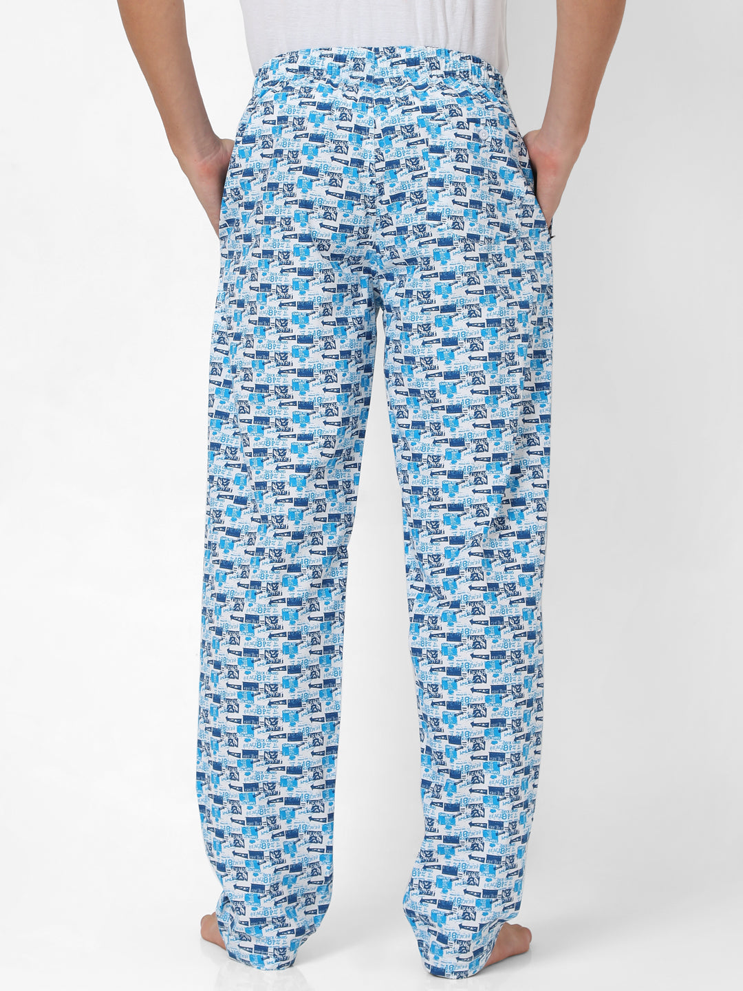 Men Premium White & Dark Blue Cotton Printed Pyjama - Underjeans By Spykar