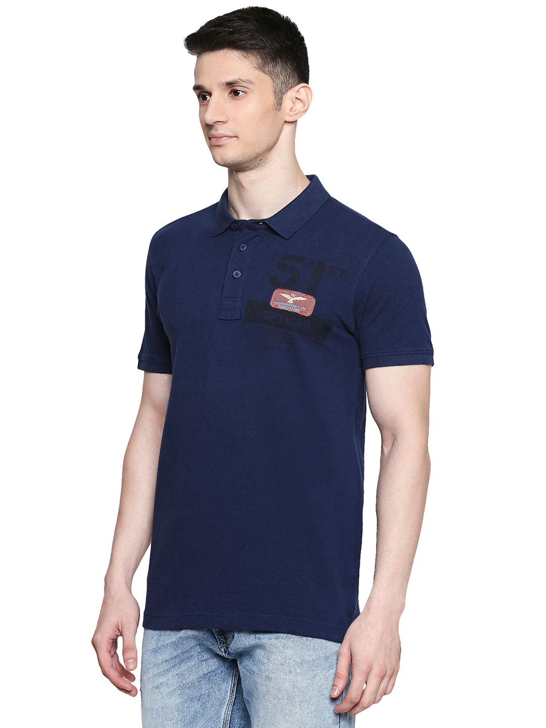 Spykar Men Blue Cotton Slim Fit Polo T-Shirt