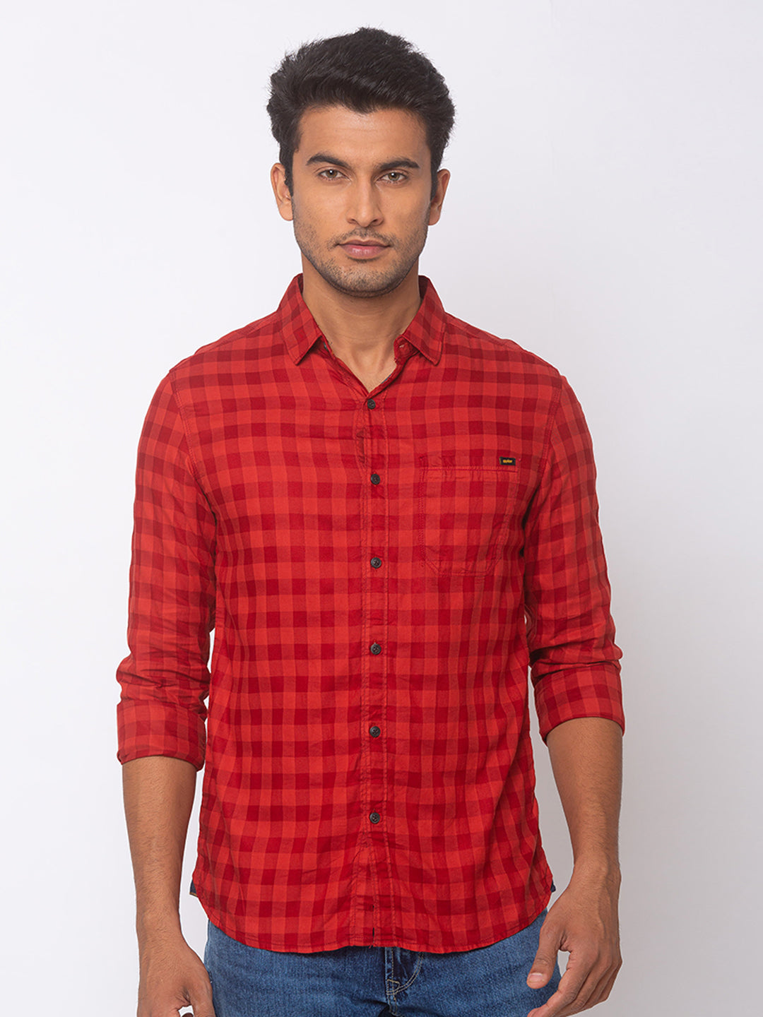 Spykar Men Red Cotton Slim Fit Shirt