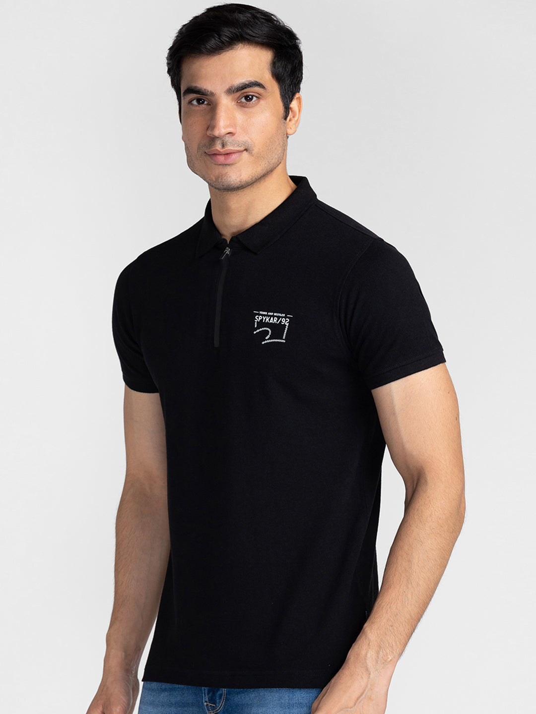 Spykar Men Black Cotton Slim Fit Polo Printed T-Shirt