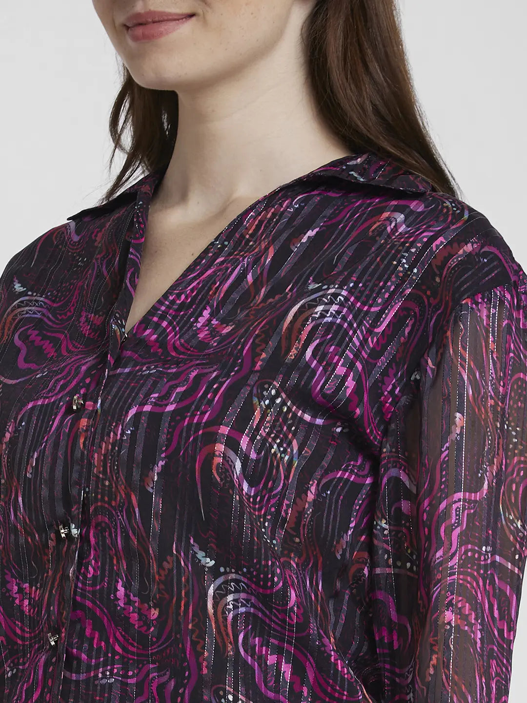 Spykar Women Pink Jaquard Slim Fit Full Sleeve Floral Print Shirt