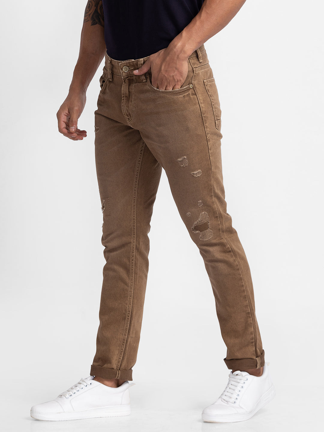 Spykar Khaki Cotton Slim Fit Narrow Length Jeans For Men (Skinny)
