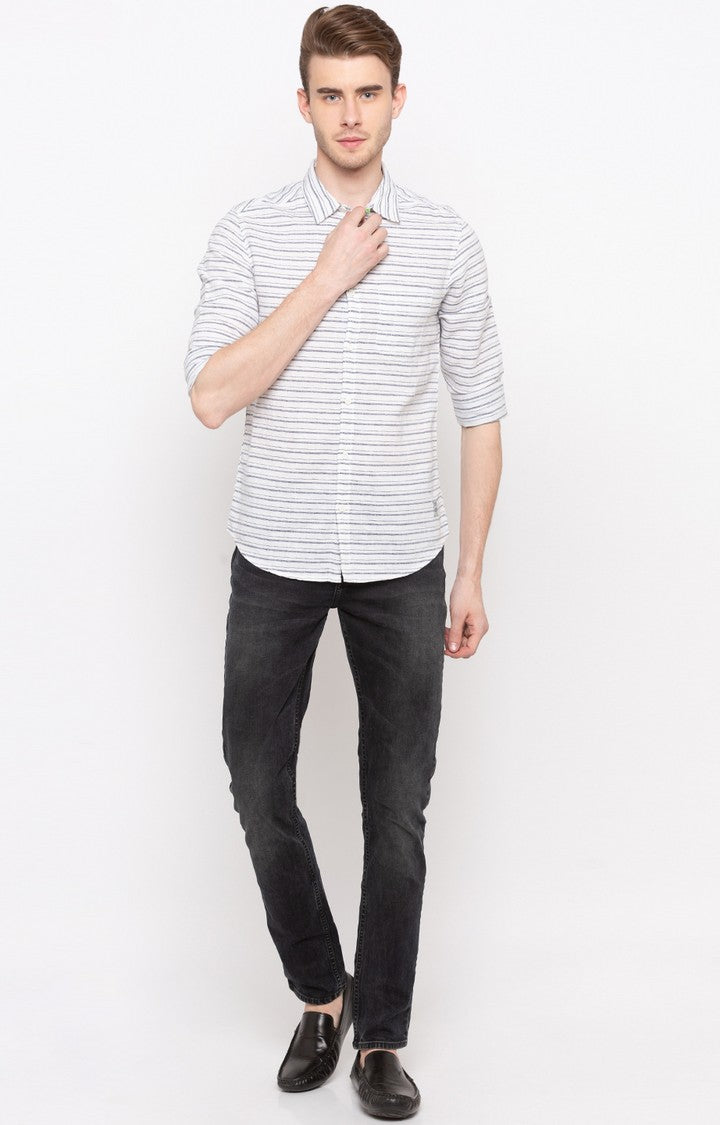 Spykar Men'S White Cotton Striped Casual Shirts