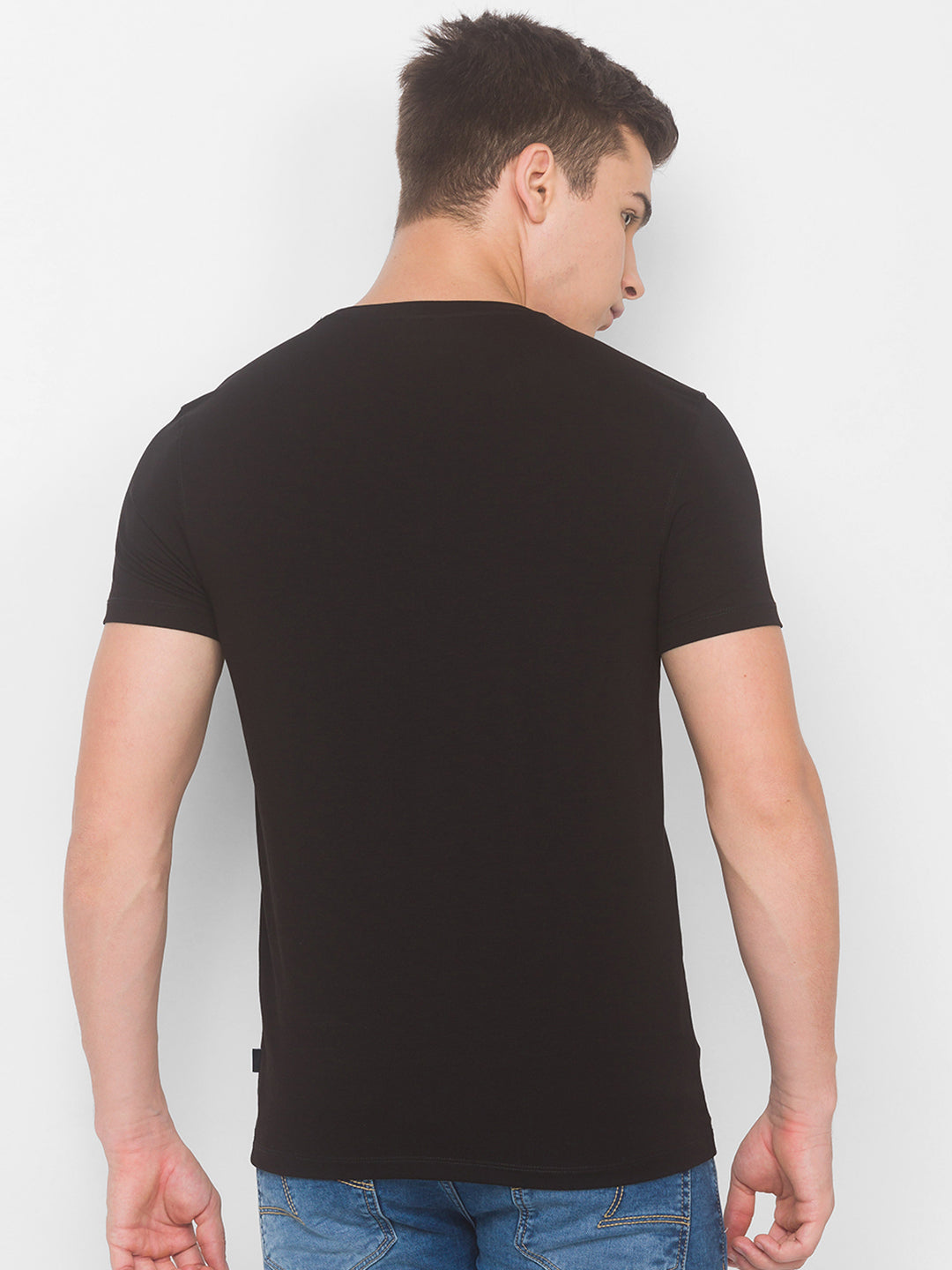 Spykar Men Black Cotton Slim Fit Round Neck T-Shirt