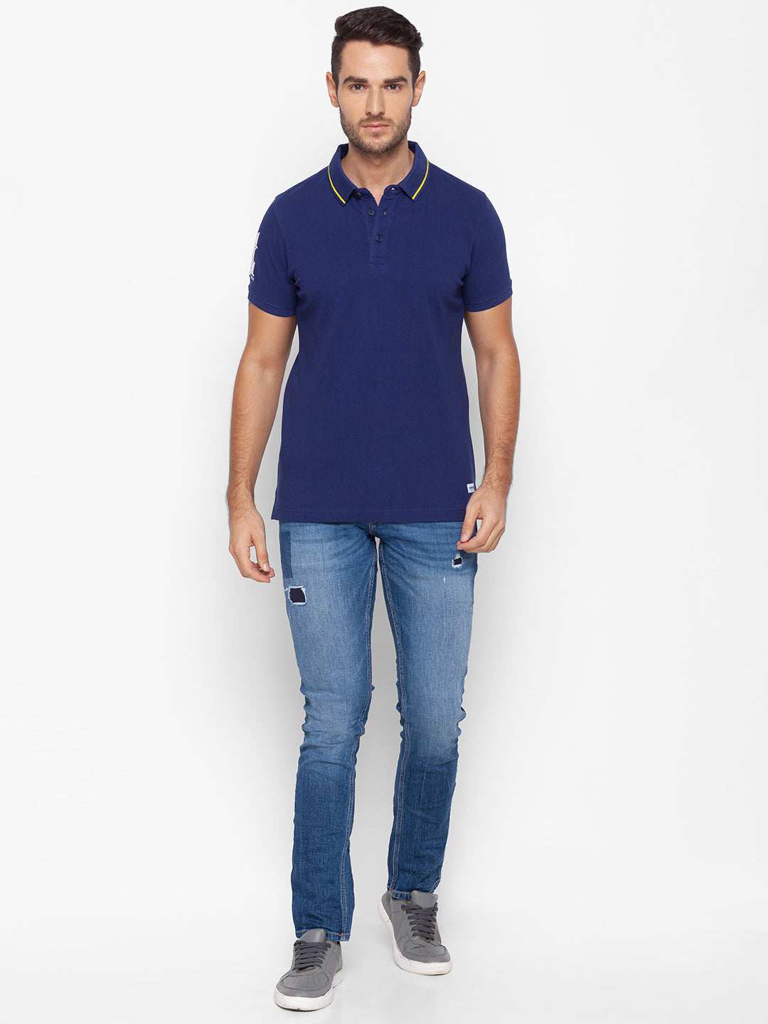 Spykar Men Blue Cotton Slim Fit Polo T-Shirt