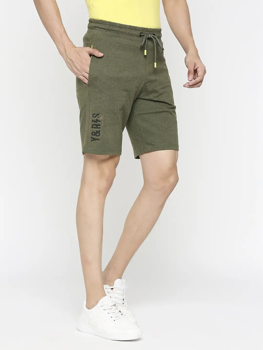 Spykar Men Olive Melange Cotton Regular Fit Knitted Shorts