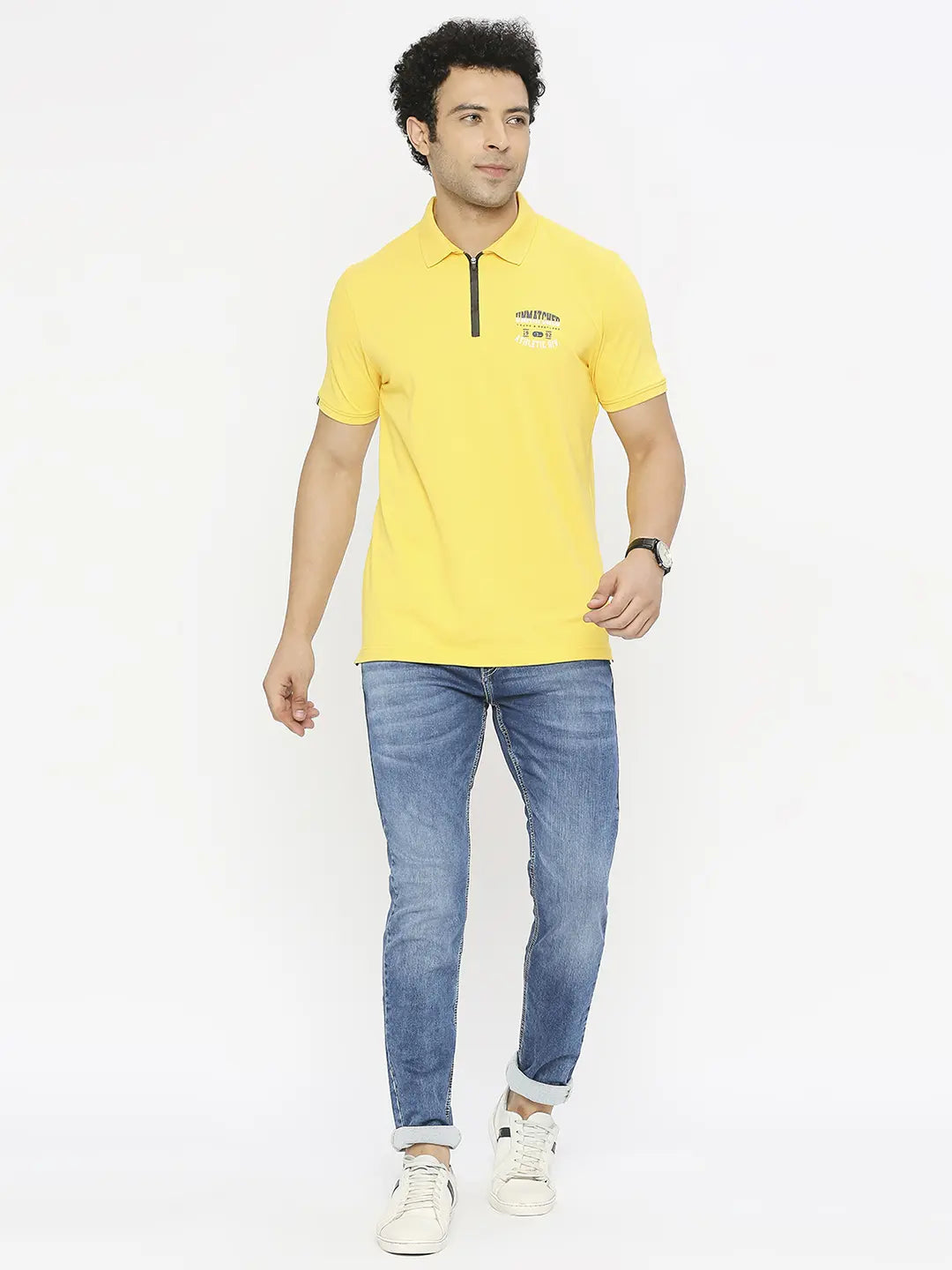 Spykar Men Chrome Yellow Blended Regular Fit Half Sleeve Plain Polo Tshirt