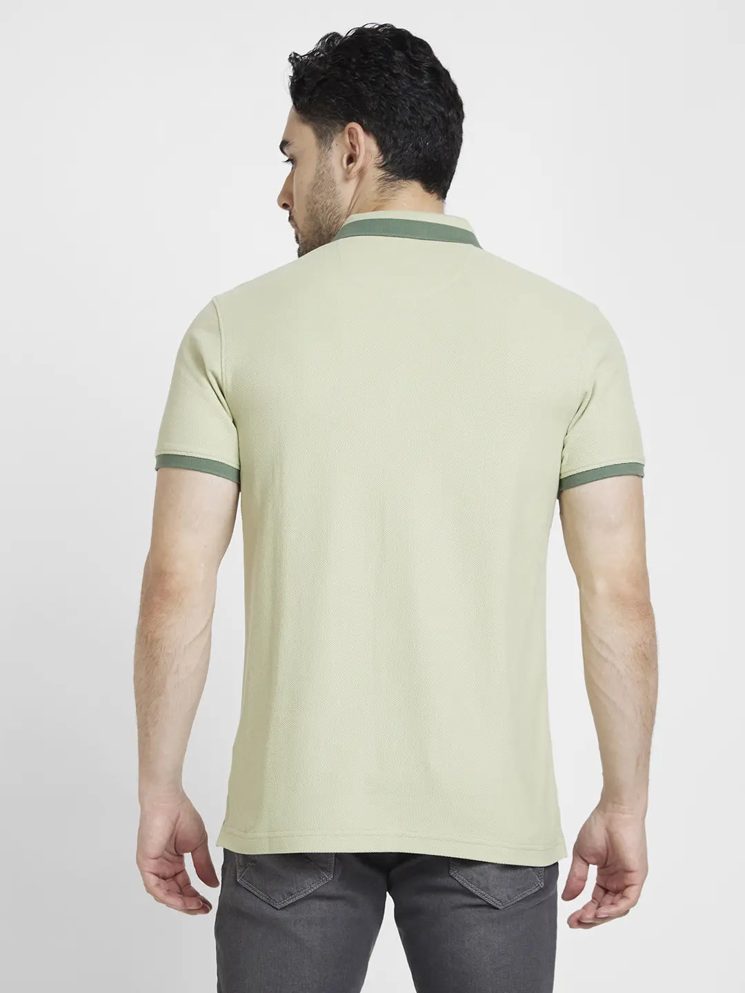 Spykar Men Dusty Pista Green Cotton Slim Fit Plain Polo Tshirt