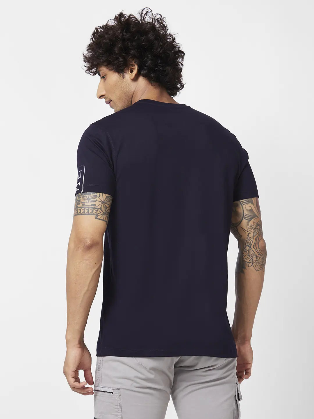 Spykar Men Navy Blue Blended Slim Fit Half Sleeve Round Neck Printed Tshirt