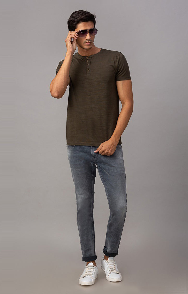 Spykar Men Dark Olive Cotton M and arin Collar Plain T-Shirt