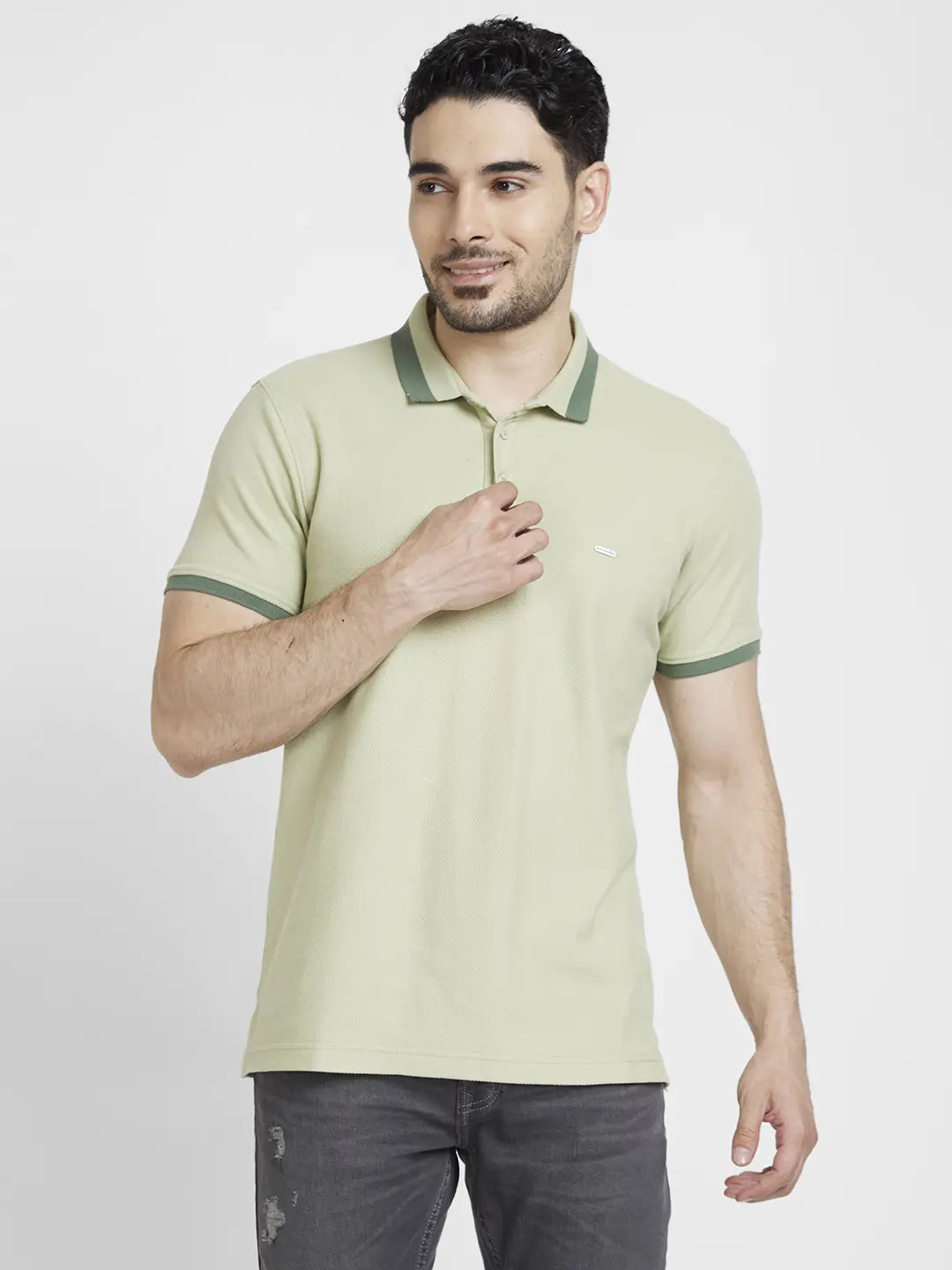 Spykar Men Dusty Pista Green Cotton Slim Fit Plain Polo Tshirt