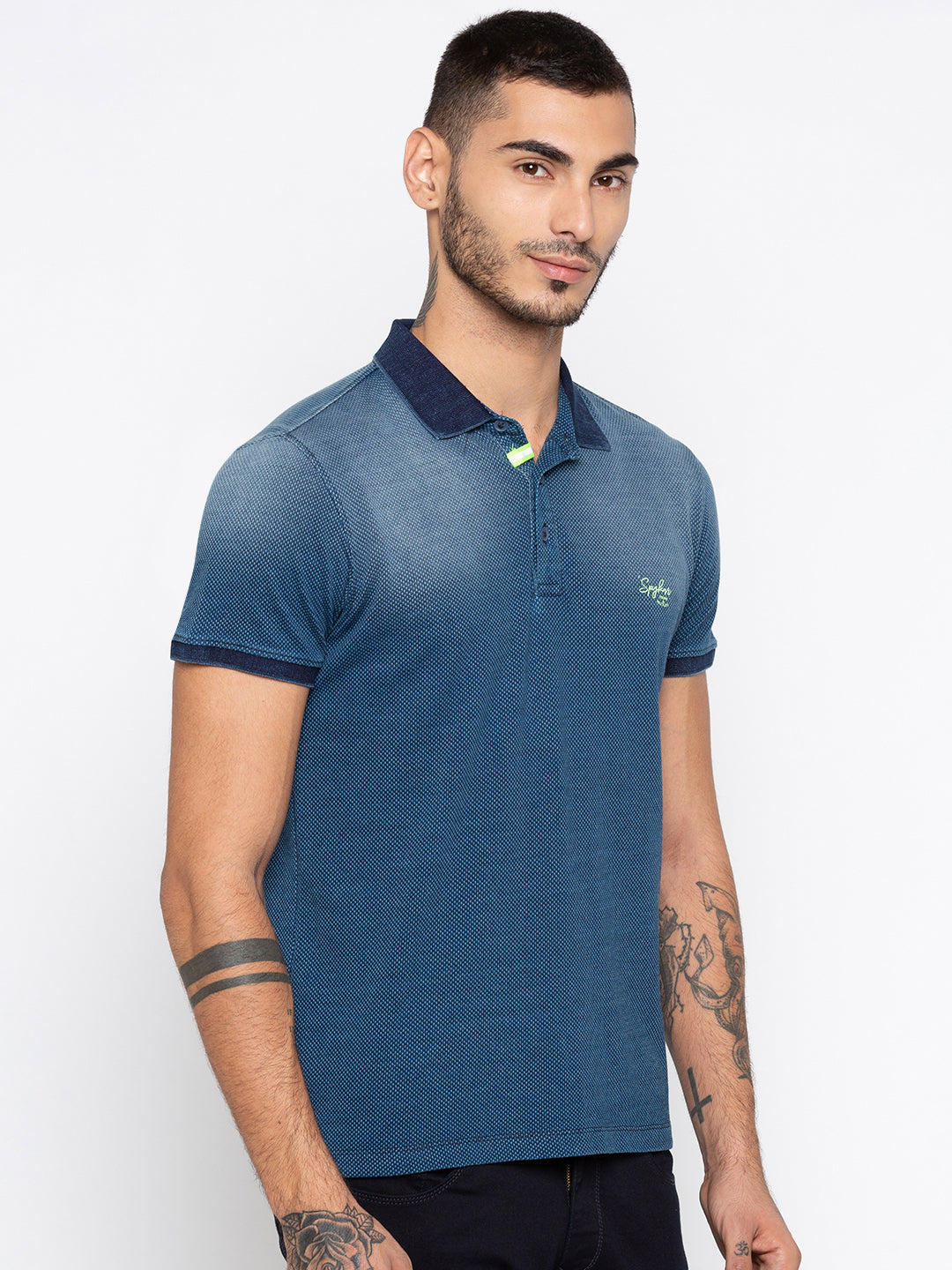 Spykar Men Blue Cotton Slim Fit Polo T-Shirt