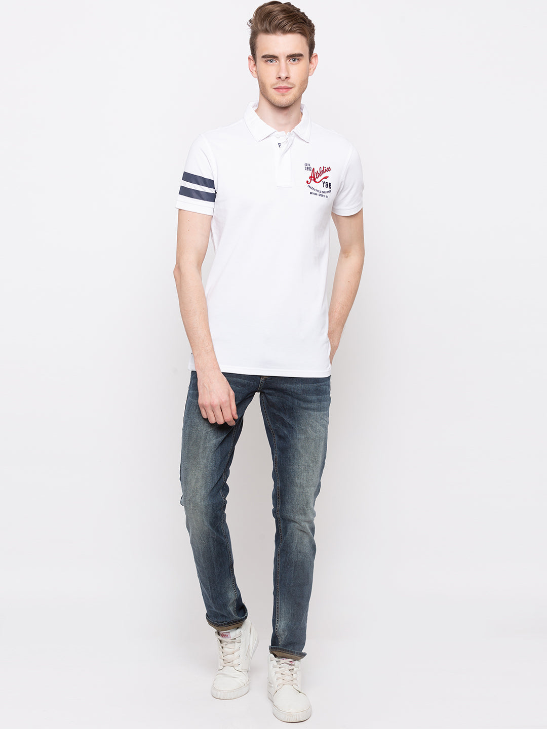 Spykar Men White Cotton Slim Fit Polo T-Shirt