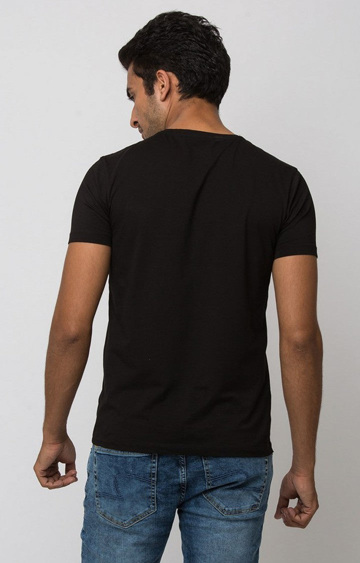 Spykar Men Black Cotton Slim Fit Round Neck Printed Tshirt