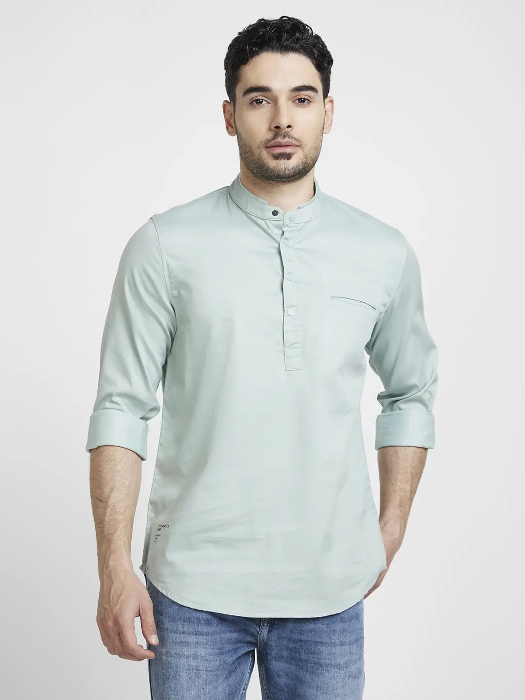 Spykar Men Sage Green Cotton Linen Slim Fit M and arin Collar Plain Kurta