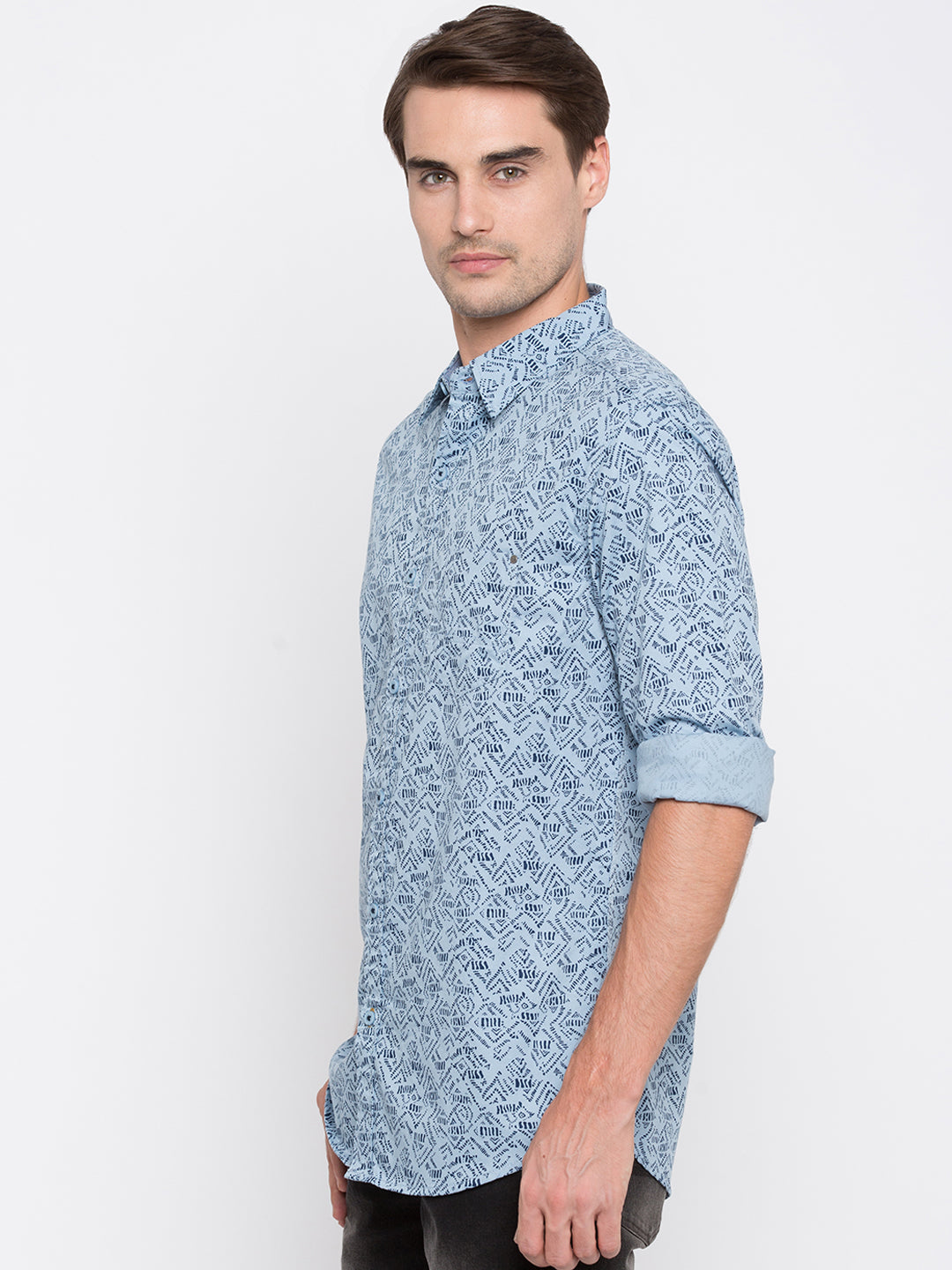 Spykar Blue Cotton Slim Fit Shirts For Men