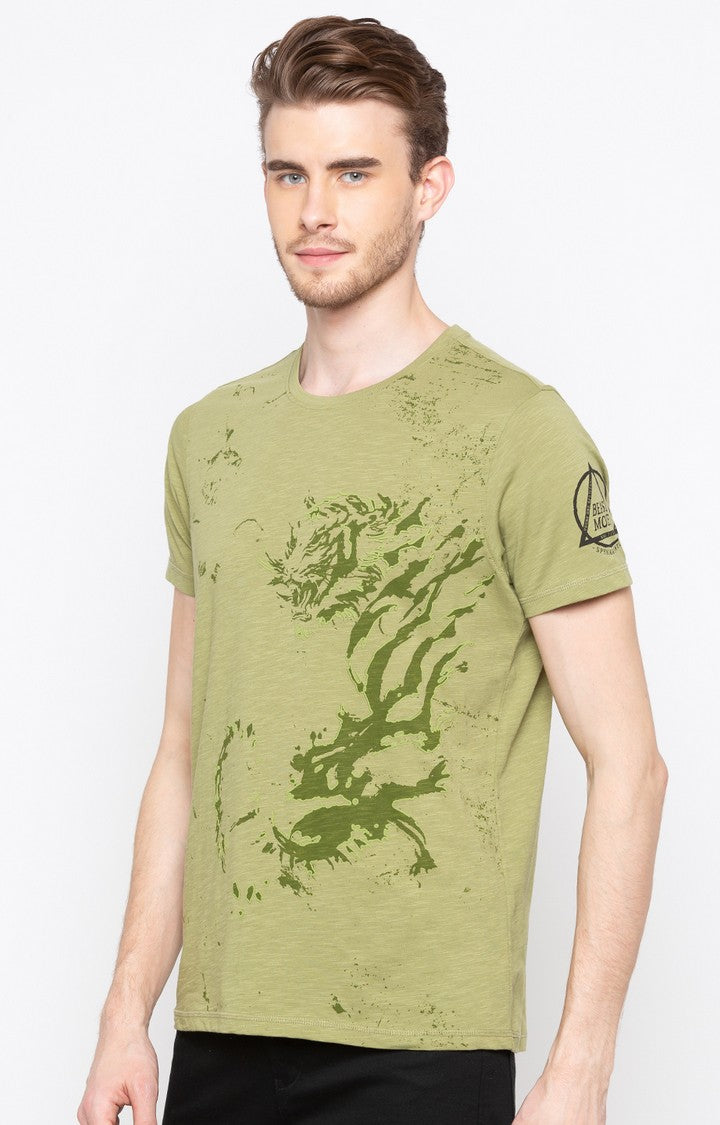 Spykar Light Olive Printed Slim Fit Men T-Shirts