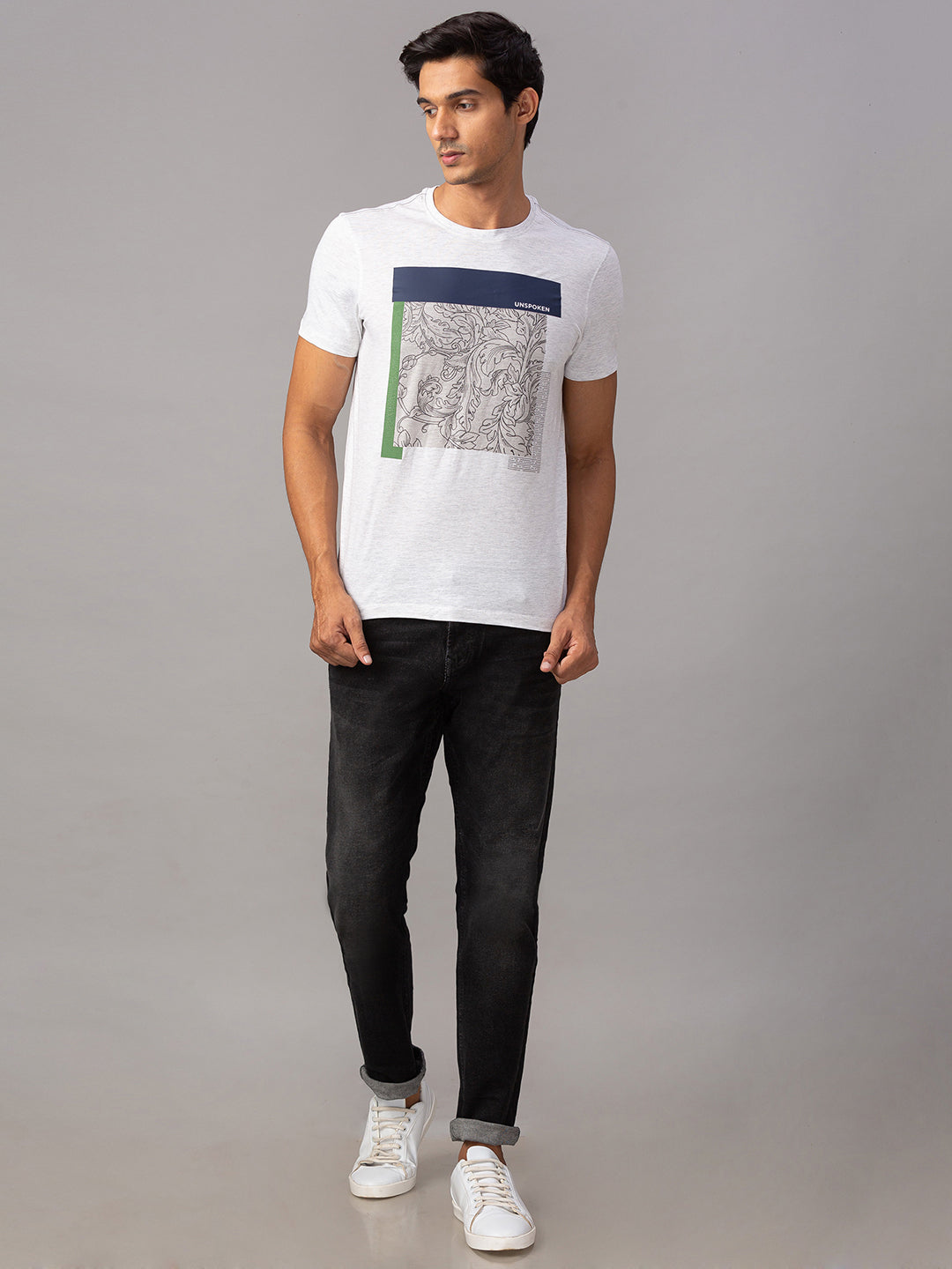 Spykar Men Grey Cotton Slim Fit Round Neck T-Shirt