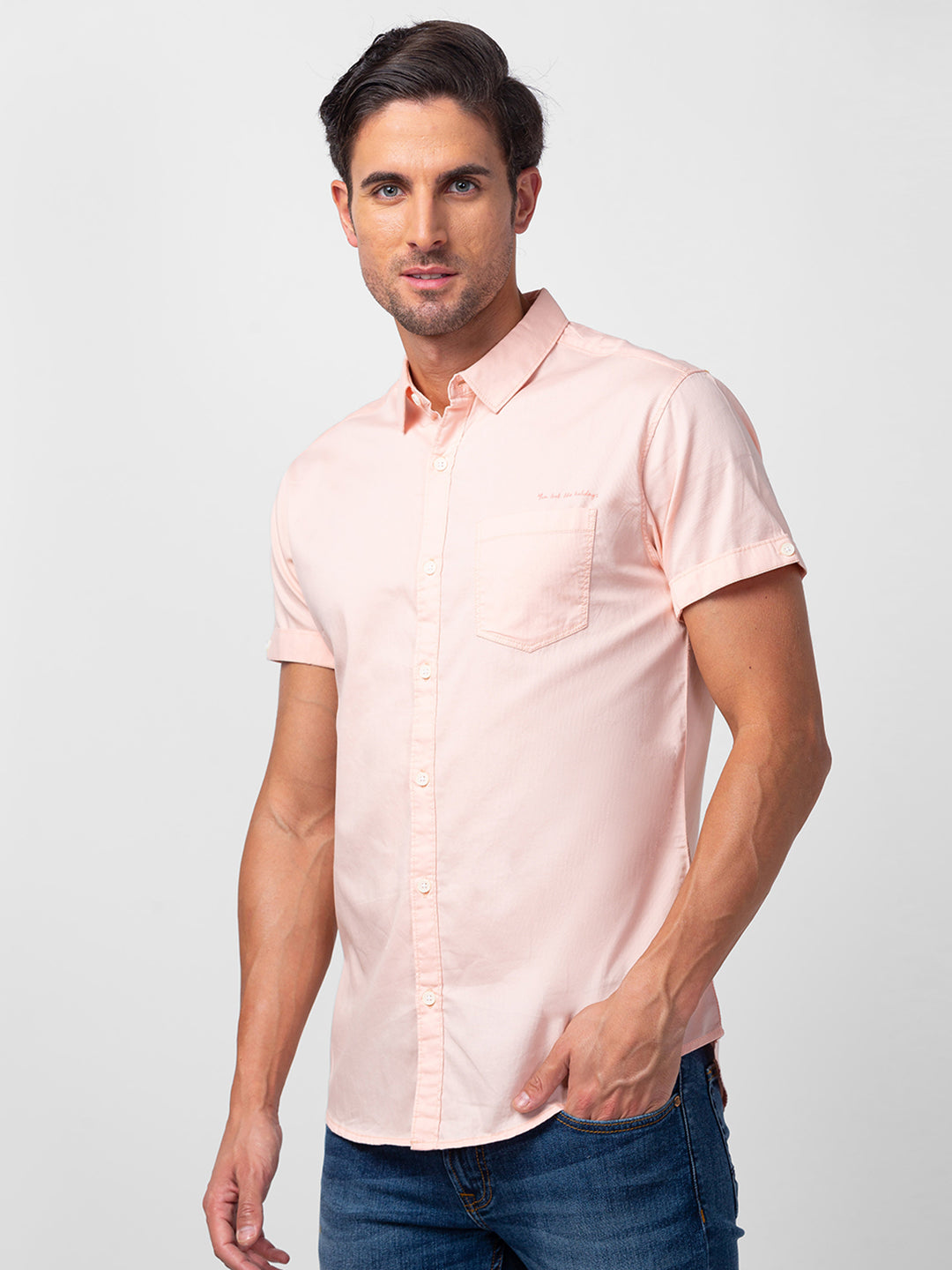 Spykar Men Peach Cotton Slim Fit Plain Shirt