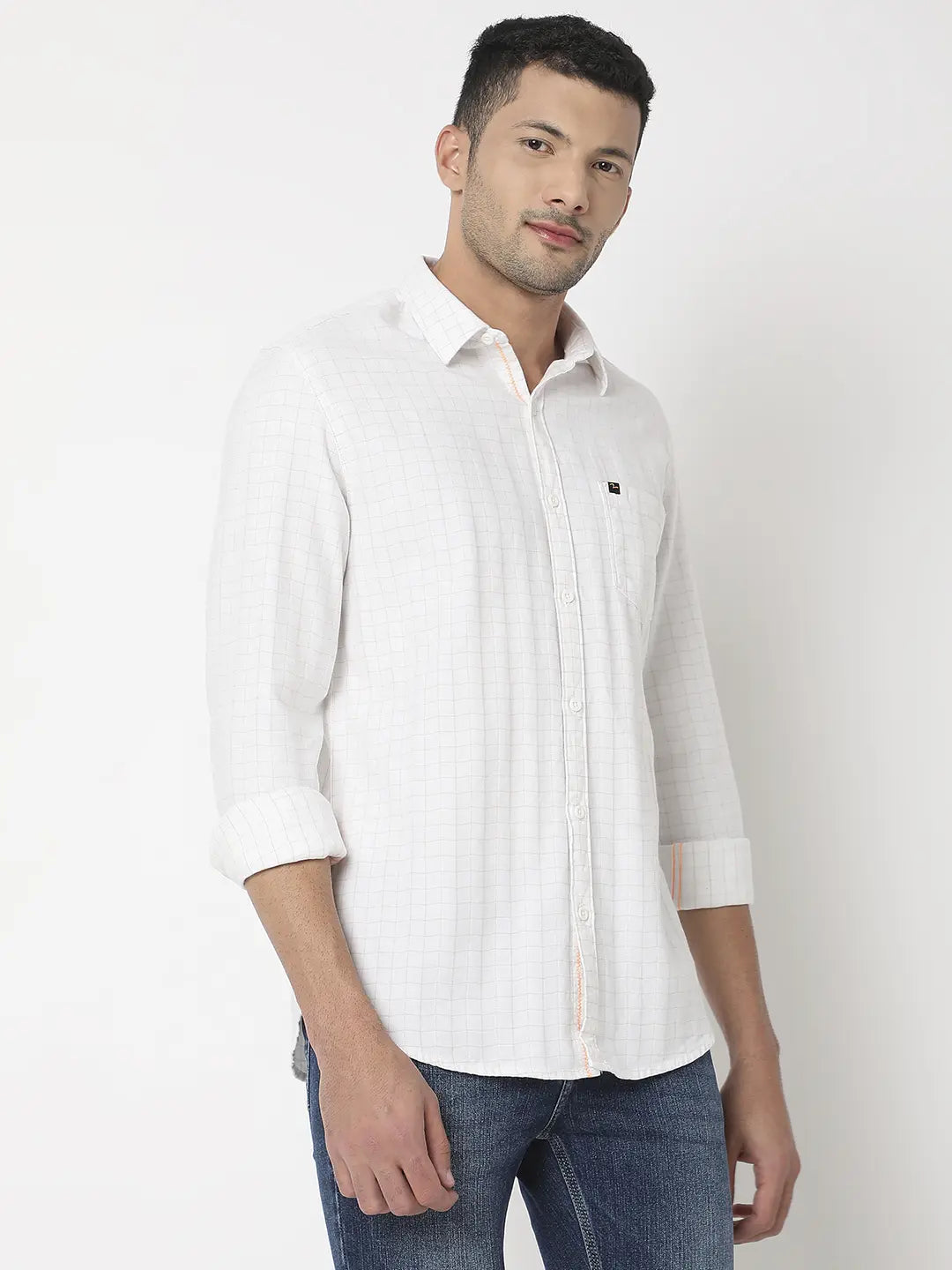 Spykar Men White & Khaki Cotton Slim Fit Checkered Shirt