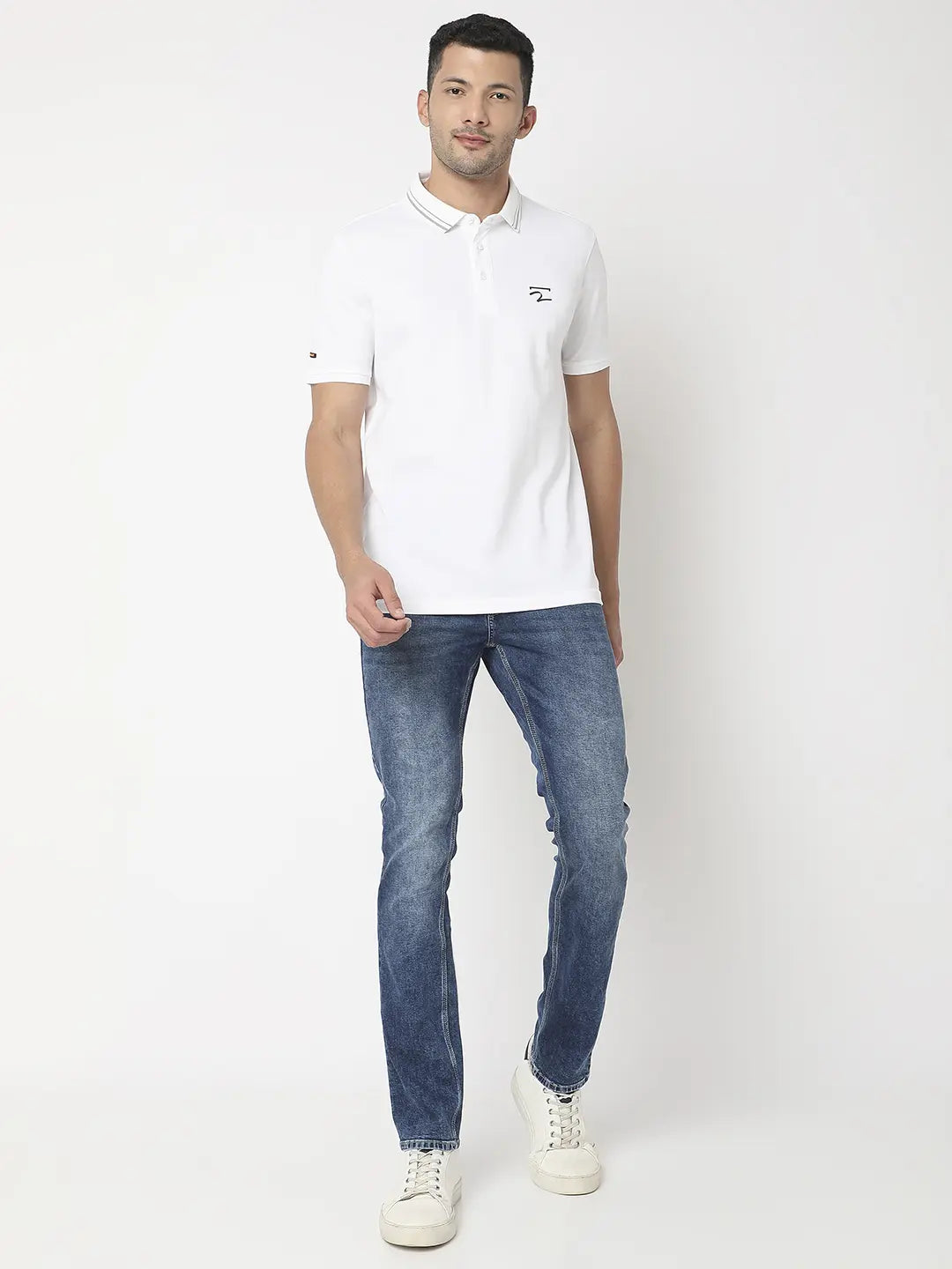 Spykar Men White Cotton Regular Fit Plain Polo Tshirt