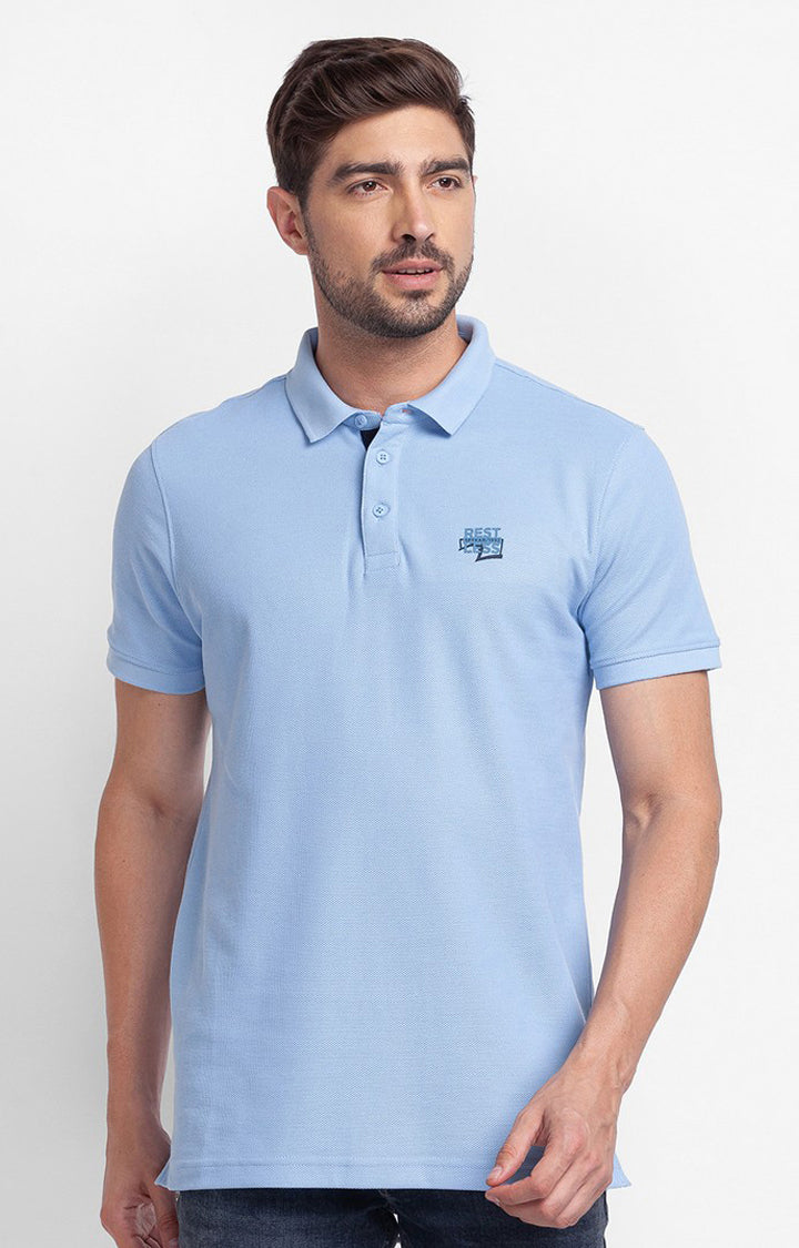 Spykar Powder Blue Cotton Half Sleeve Plain Casual Polo T-Shirt For Men