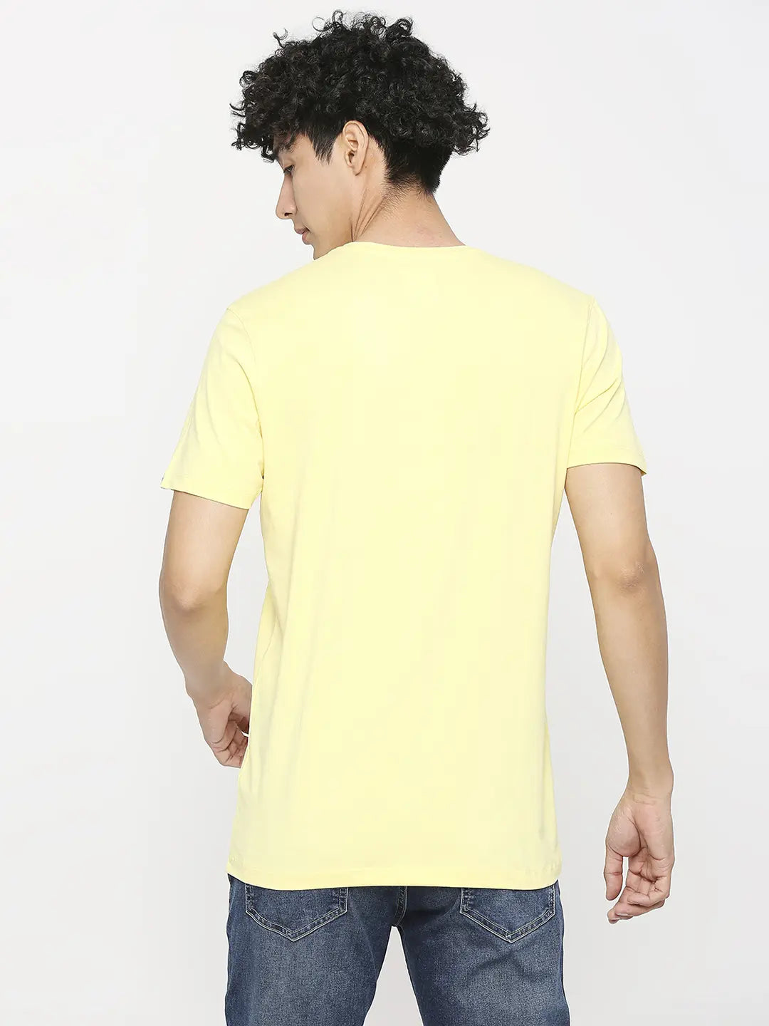 Spykar Men Powder Yellow Cotton Slim Fit Round Neck Printed T-Shirt