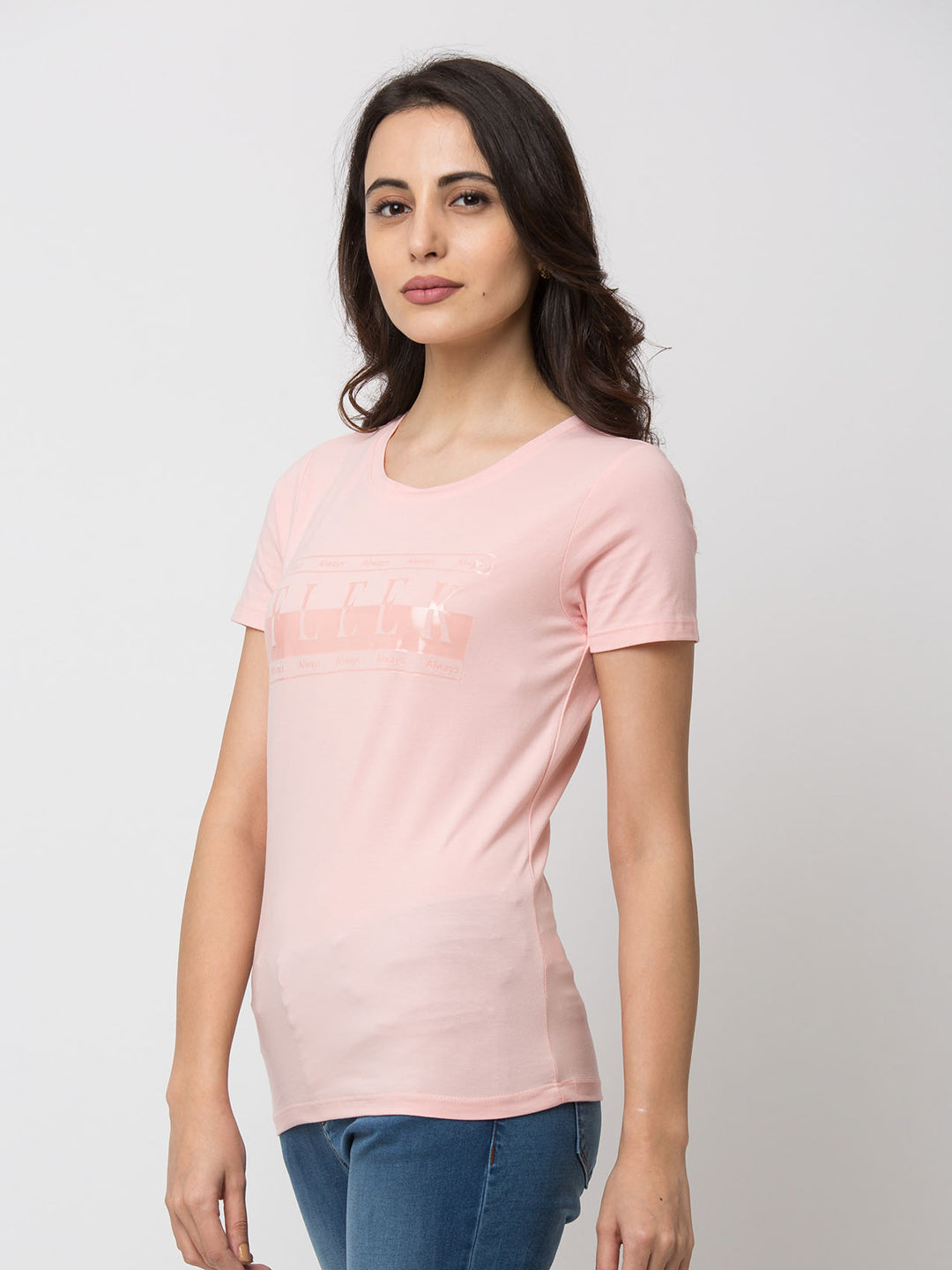 Spykar Women Pink Cotton Slim Fit Round Neck T-Shirt