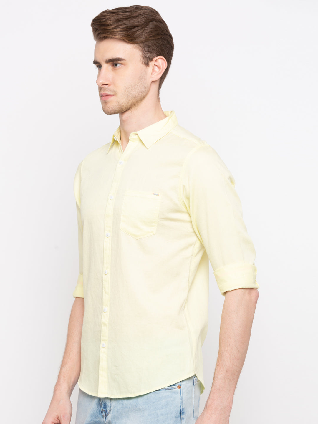 Spykar Yellow Cotton Slim Fit Shirts For Men