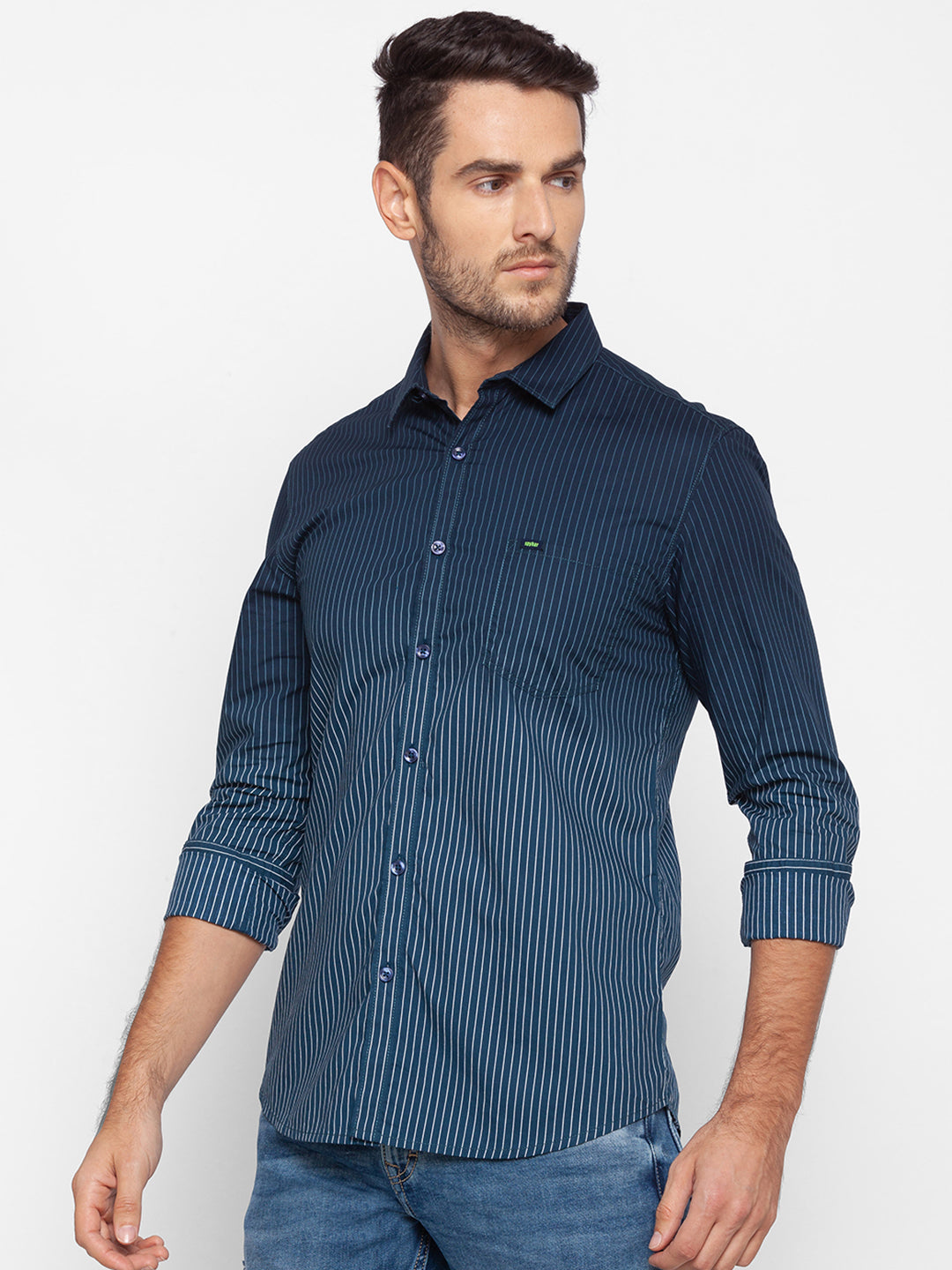 Spykar Slim Fit Blue Cotton Men Shirt