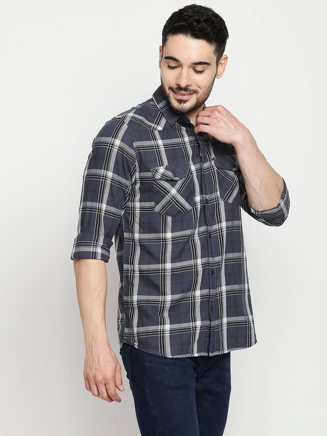 Spykar Men Grey Cotton Slim Fit Full Sleeve Checkered Shirt